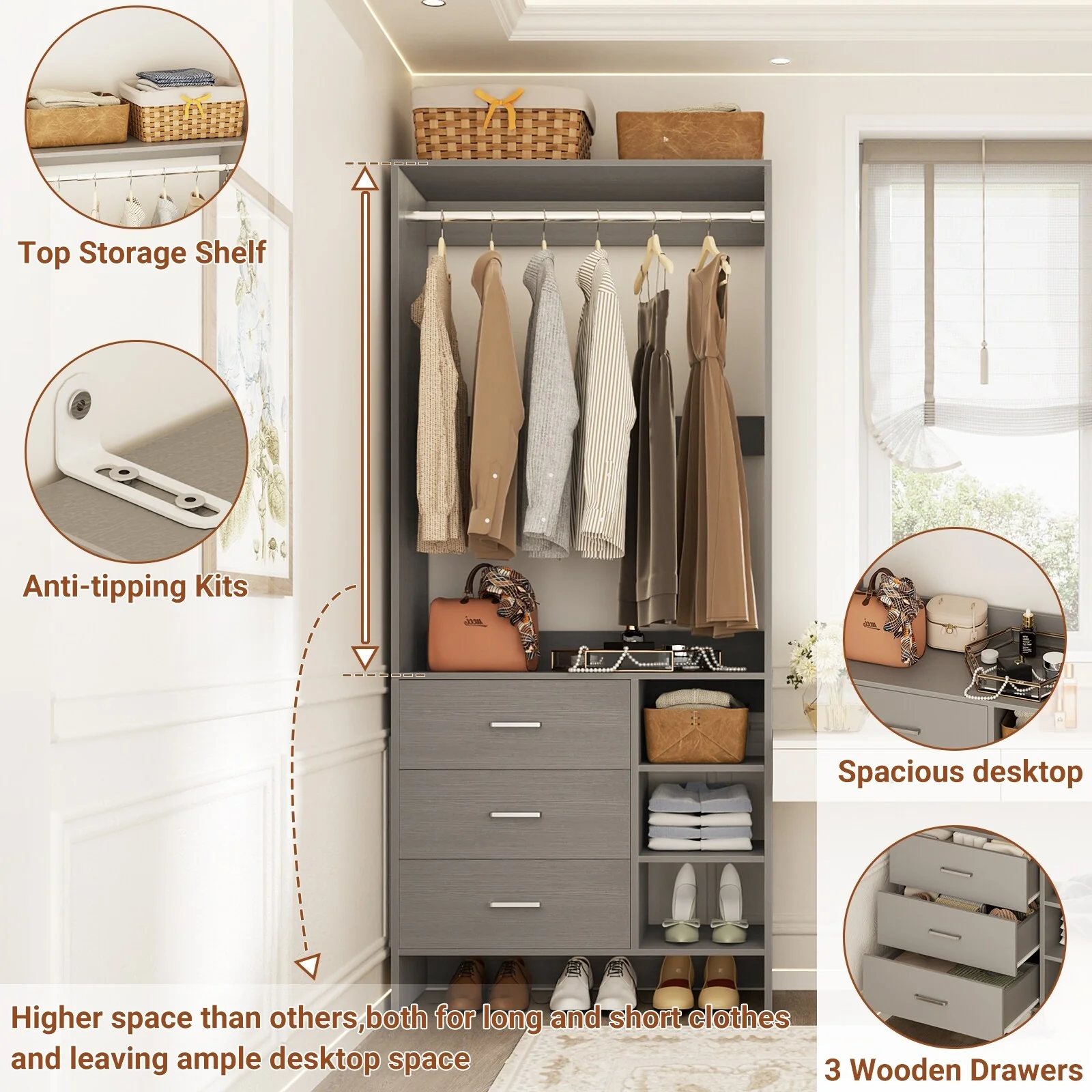 Cimly 30'' W Freestanding Closet Sytem with Hanging Rod, Closet Organizer with Drawers and Shelves