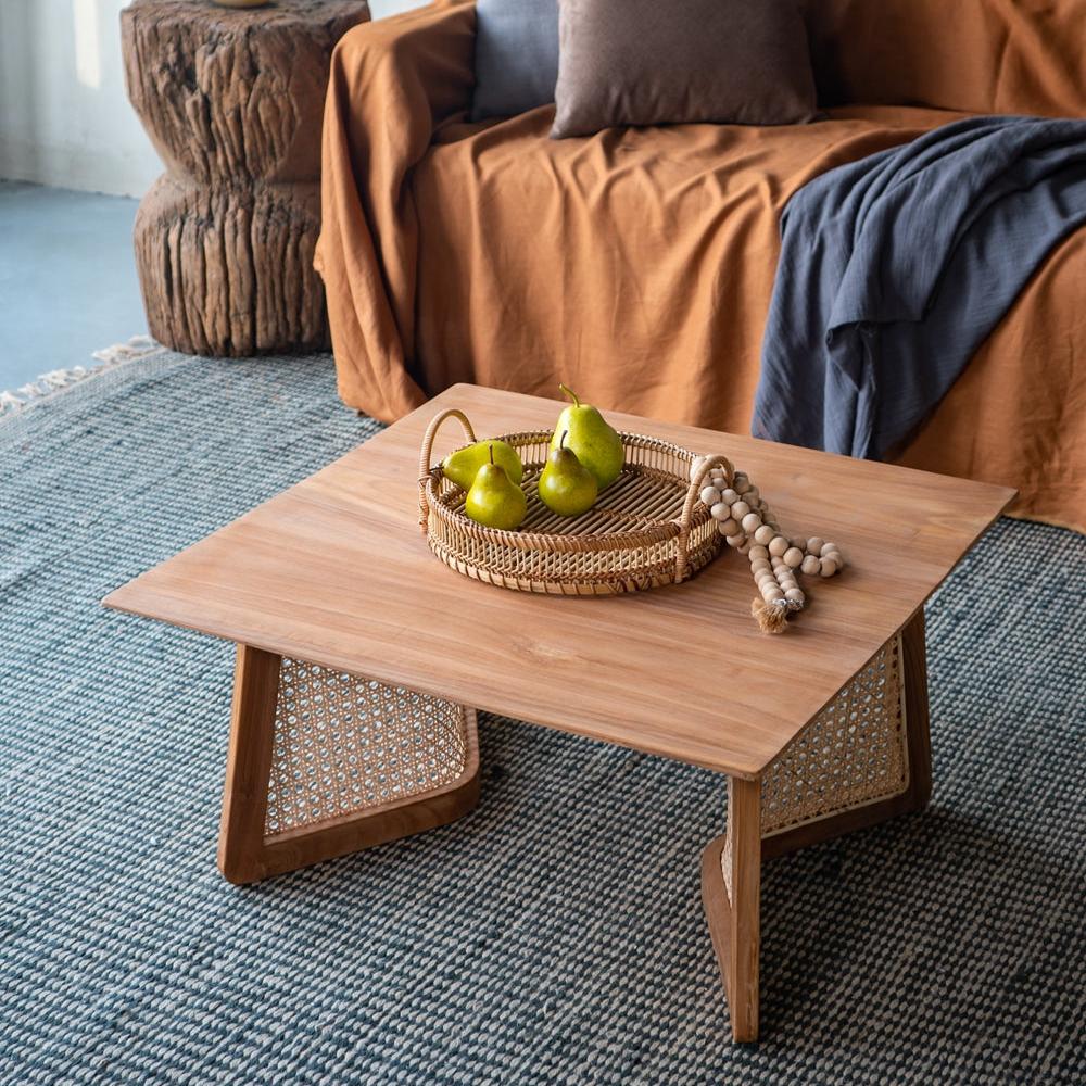 Square Coffee Table with Wooden Top and Rattan Base