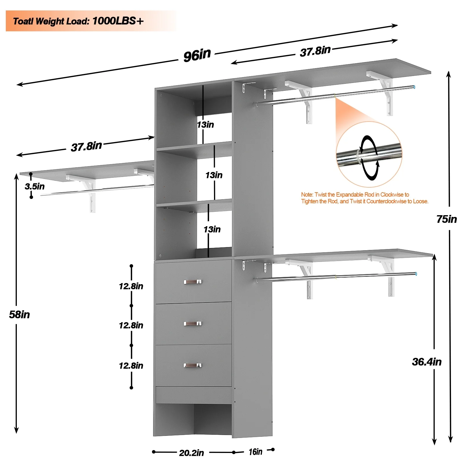 Rackcog 120'' Closet Organizer with Drawers, Closet System with DIY Shelves for Reach-in and Walk-in Closet