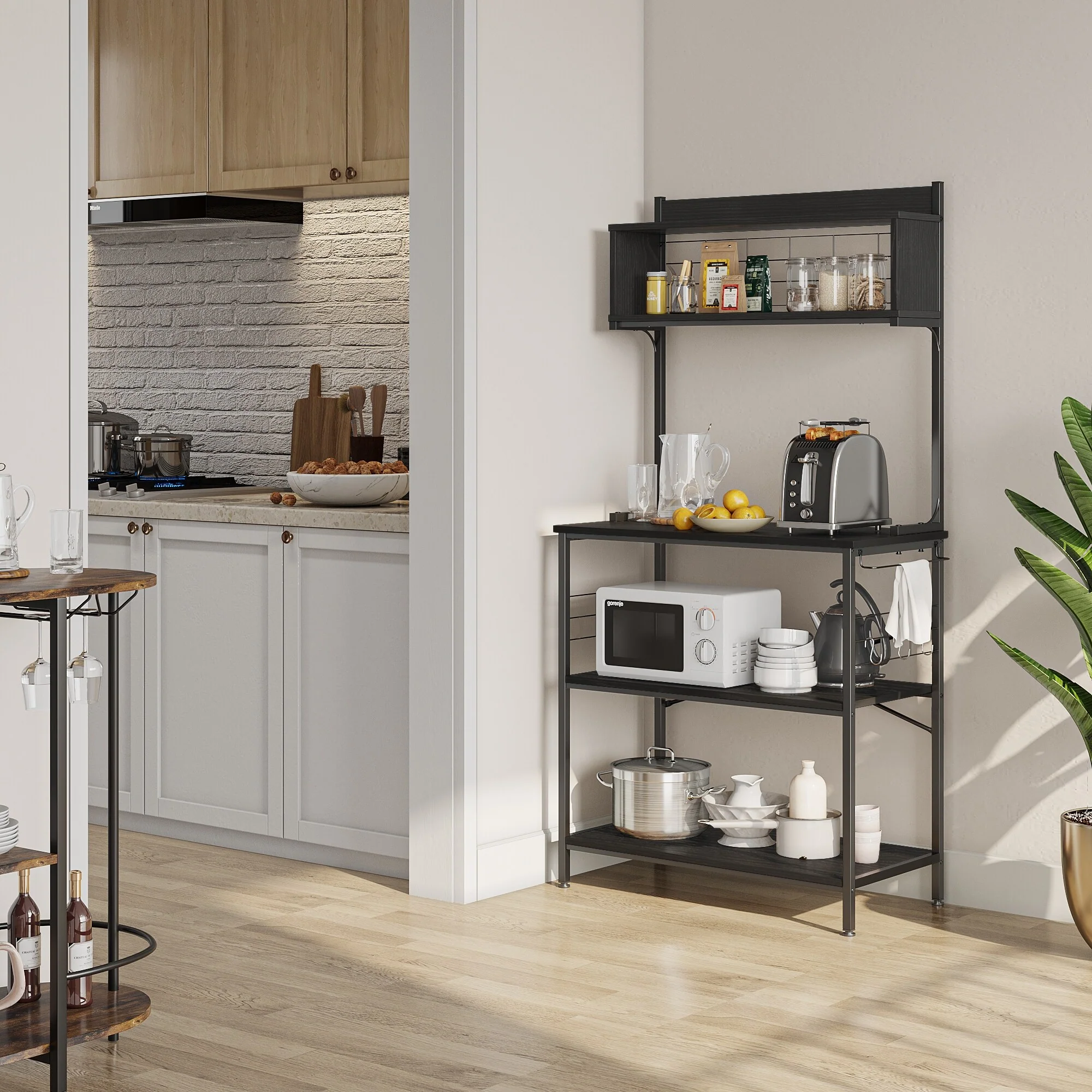 63 Inch Kitchen Baker's Rack with Hutch 8 Side Hooks