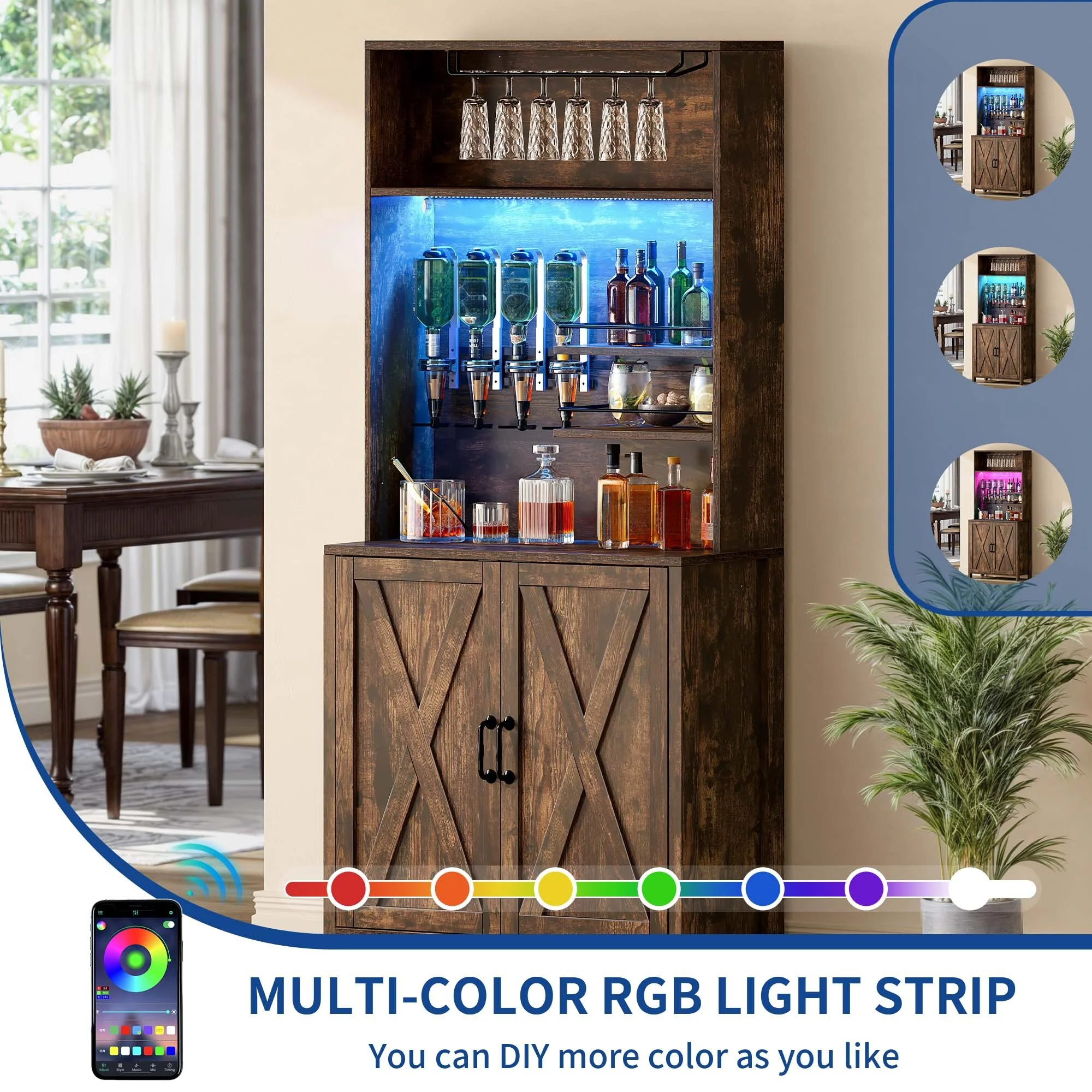Moasis Farmhouse Bar Cabinet Wine Rack with RGB Light and Power Outlet