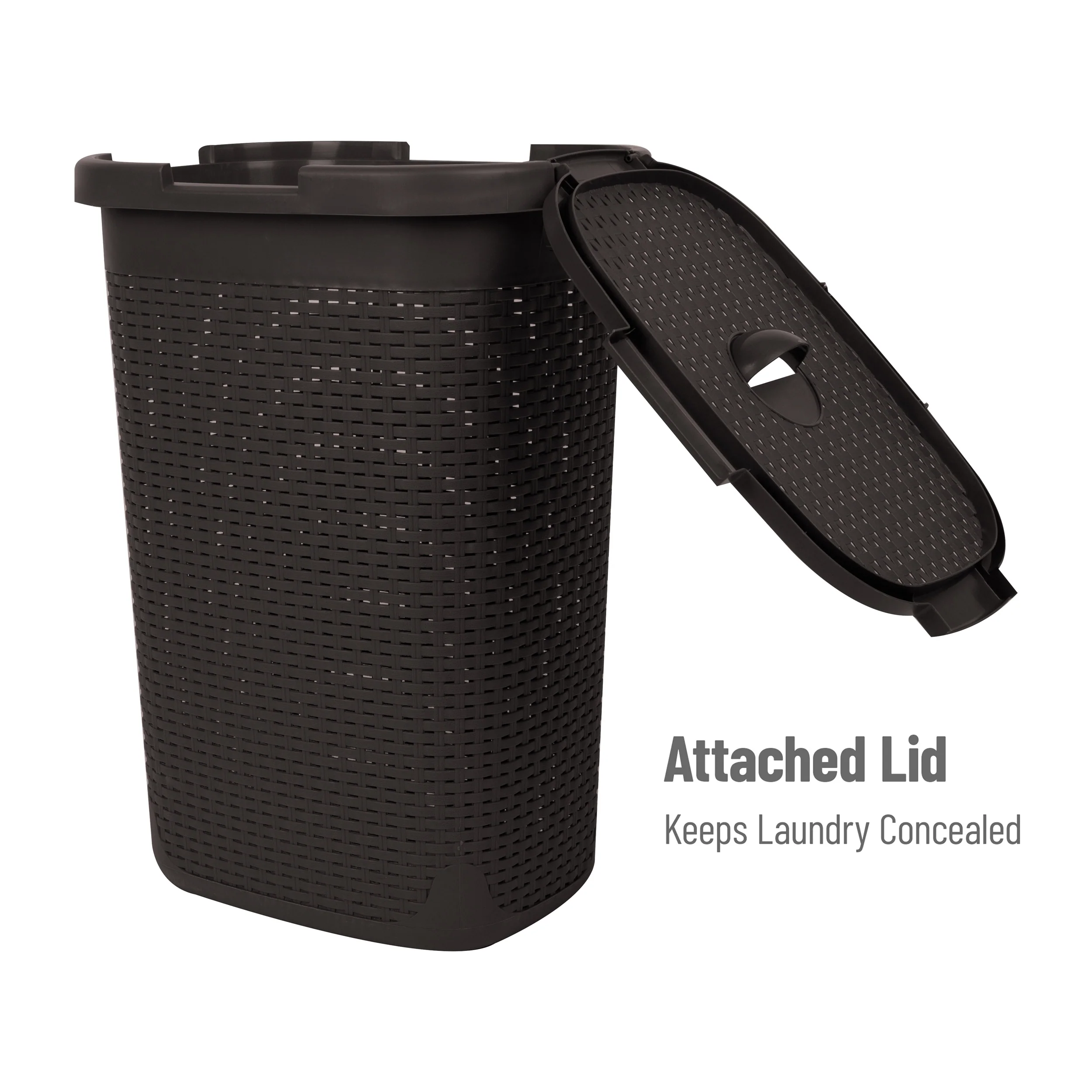 Mind Reader 60L Slim Laundry Hamper, Clothes Basket, Lid, Wicker Design, Plastic, 17.65