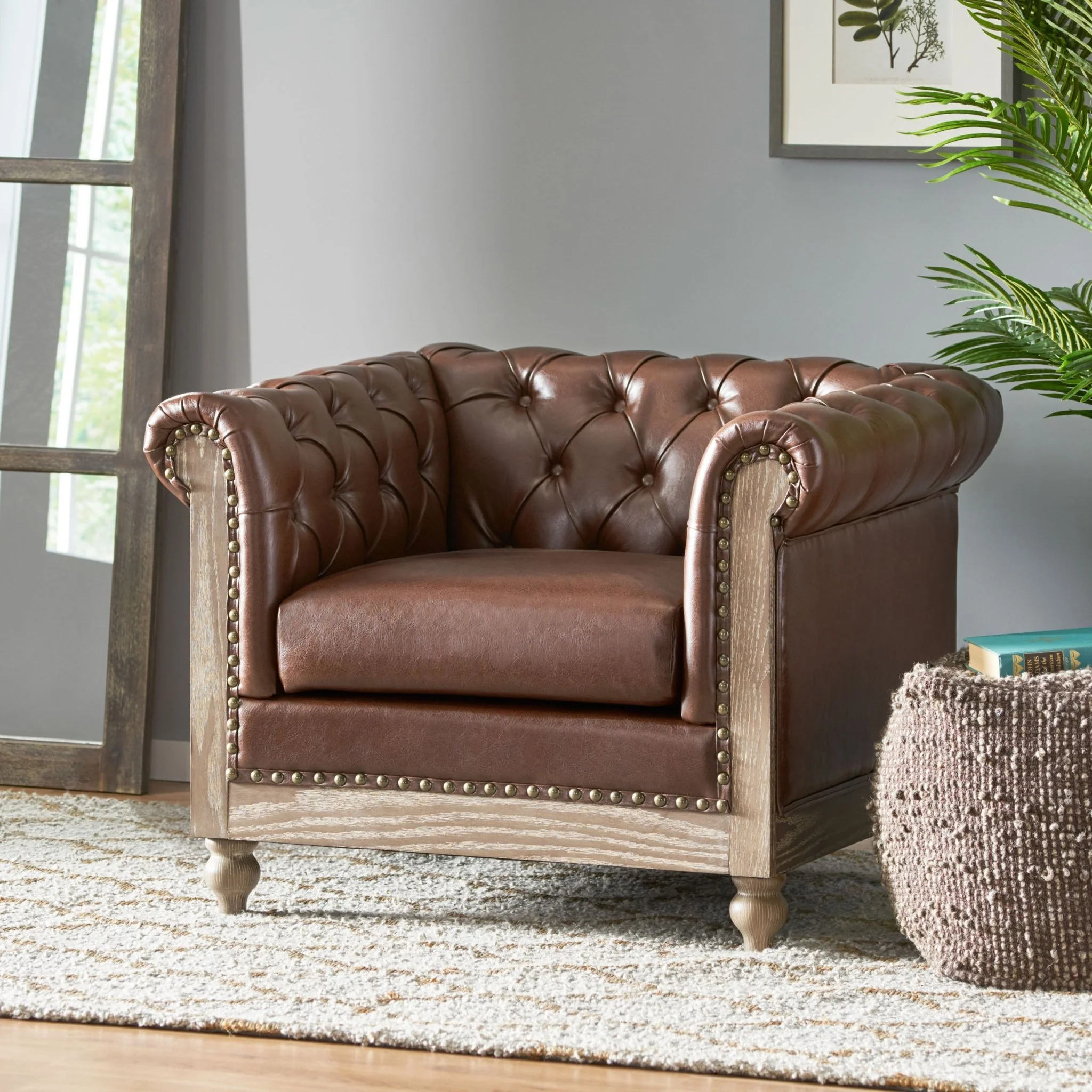 Luminex Tufted Upholstered Club Chair with Nailhead Accents and Scrolled Tuxedo Arms