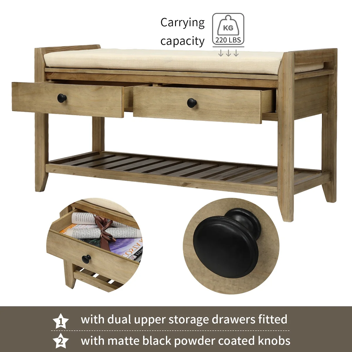 Shoe Rack with Cushioned Seat and Drawers, Multipurpose Entryway Storage Bench