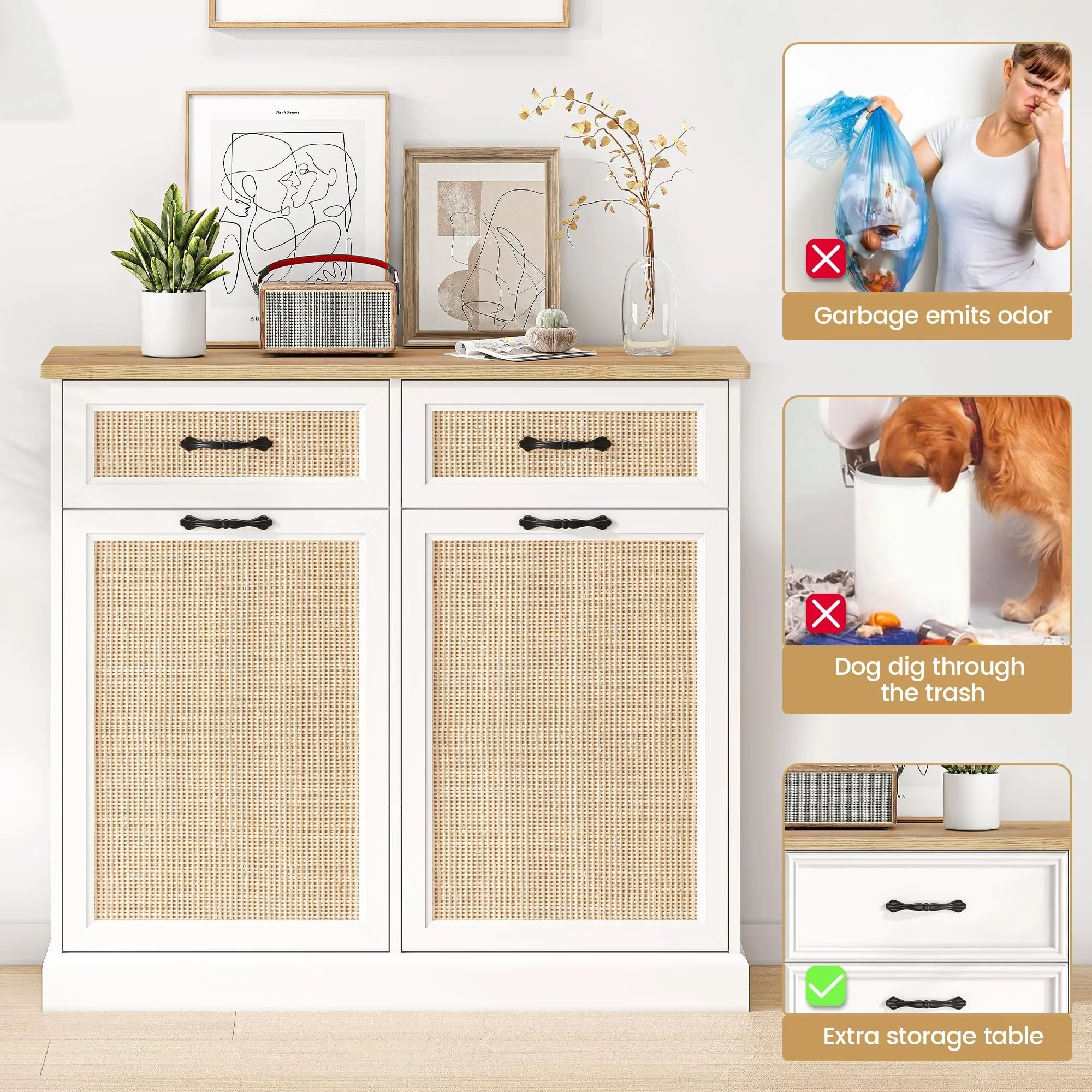 Rattarn Kitchen Tilt Out Trash Can Cabinet with Drawer
