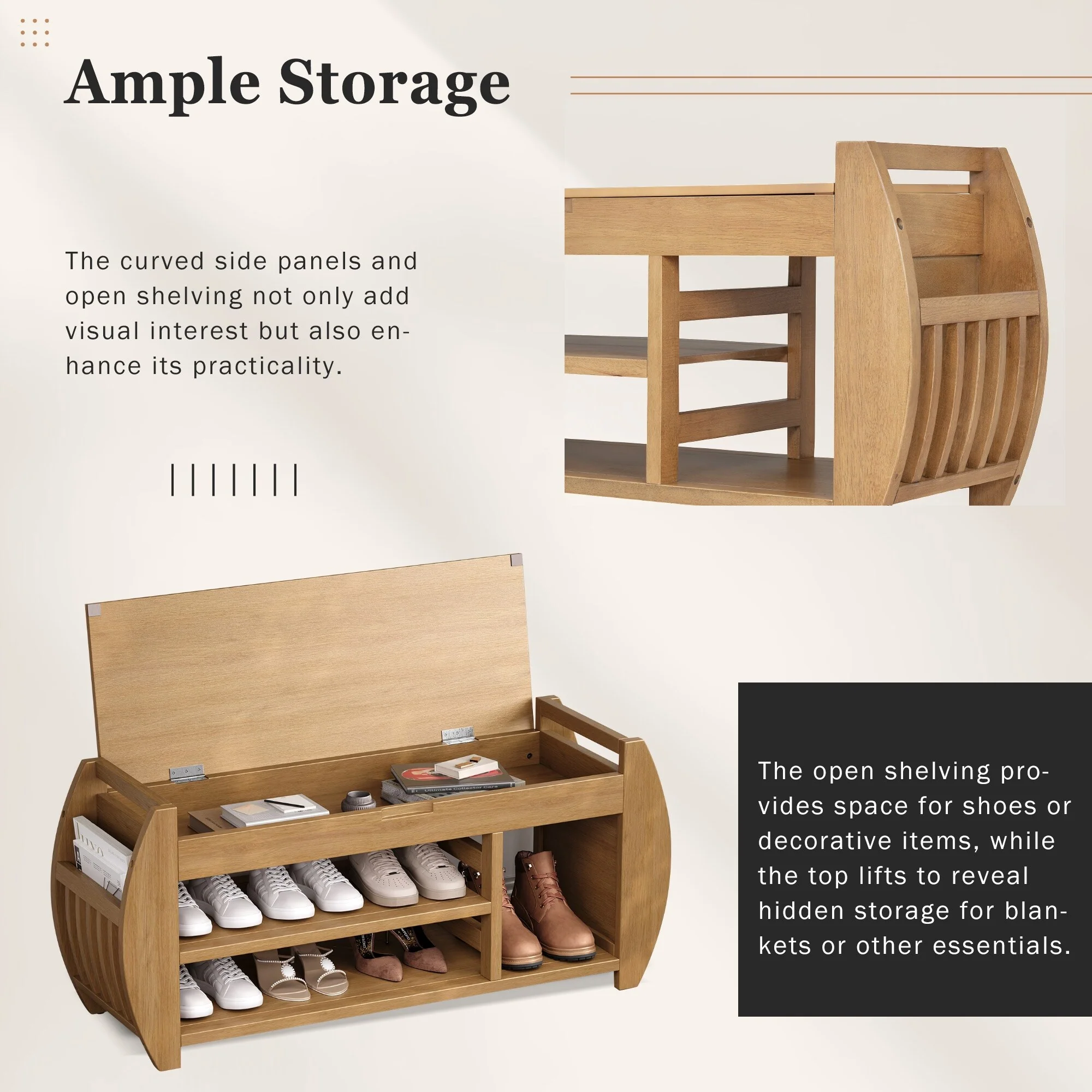 Multifunctional Storage Bench with Cushion and Curved Side Panel for Entrance and Living Room