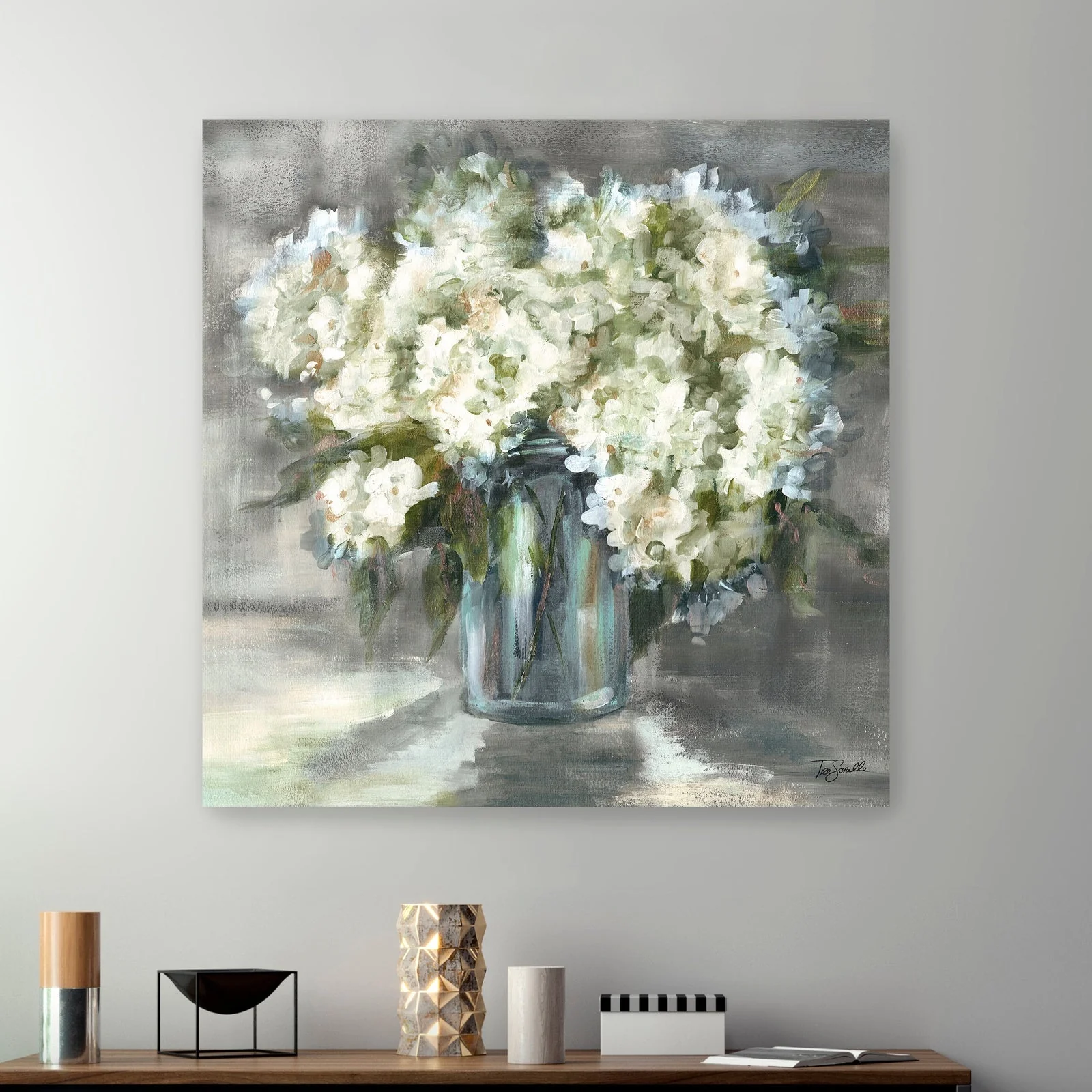 White And Taupe Hydrangeas Still Life Canvas Giclee Wall Art