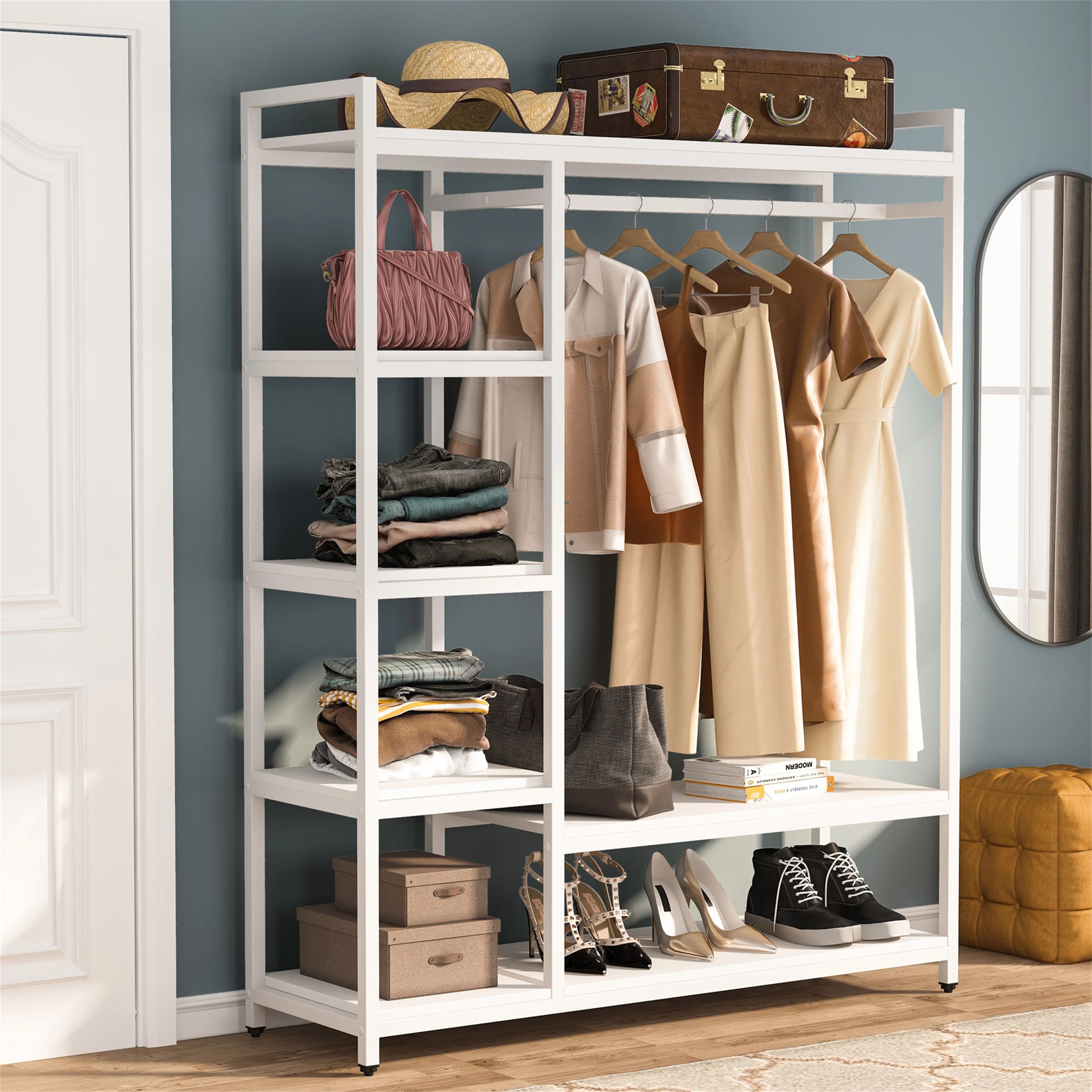 Black/ White Modern Clothes Garment Rack,Metal and Wood Closet Rack Closet Organizer System with Hanging Rod and Shelf