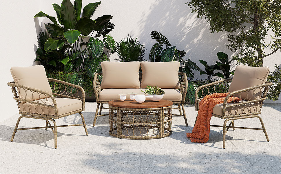 4-Piece Outdoor Sofa Set with Woven Wicker Design and Wood Table Top
