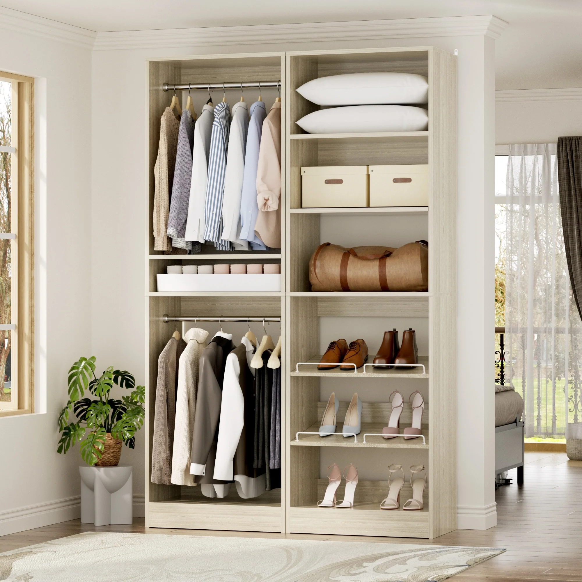 Cimly Set of 2 Freestanding Closet System with Shoe Racks and Hanging Rods for Reach-in/ Walk-in Closet