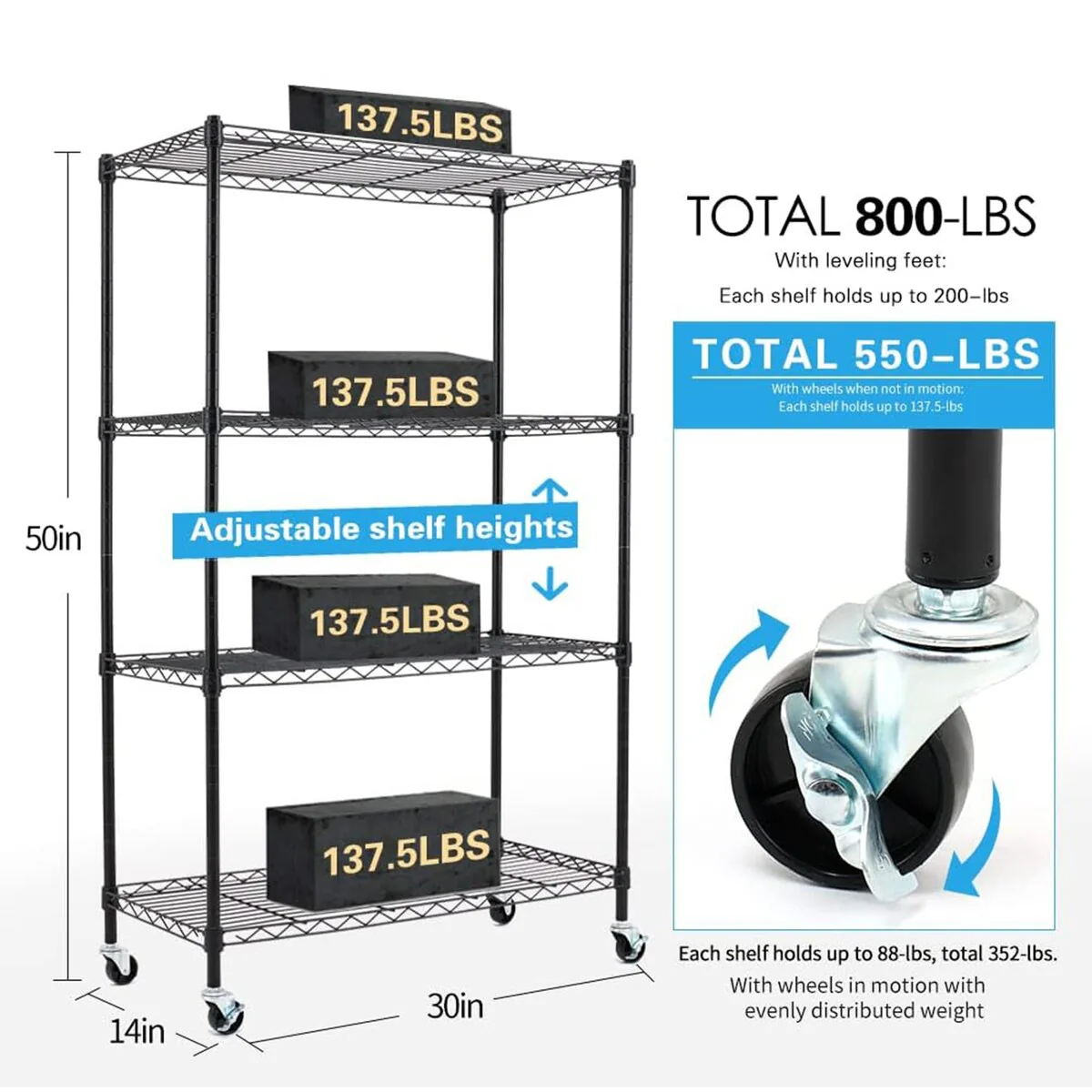4/5-Tier Steel Shelving on Wheels with Shelf Liners Versatile Rack