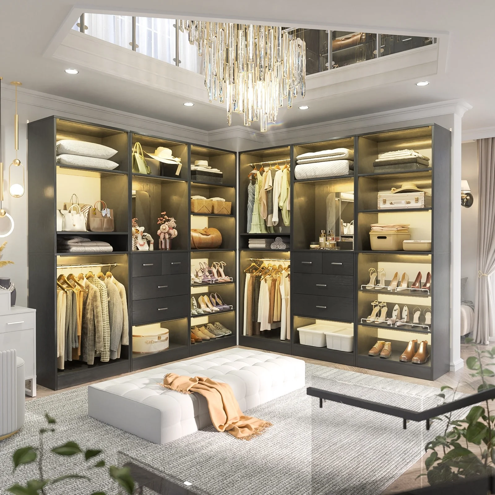 Cimly Set of 3 Freestanding Closet System with Drawers and Shoe Racks, 75'' Closet Organizer with Hanging Rods and Mirror