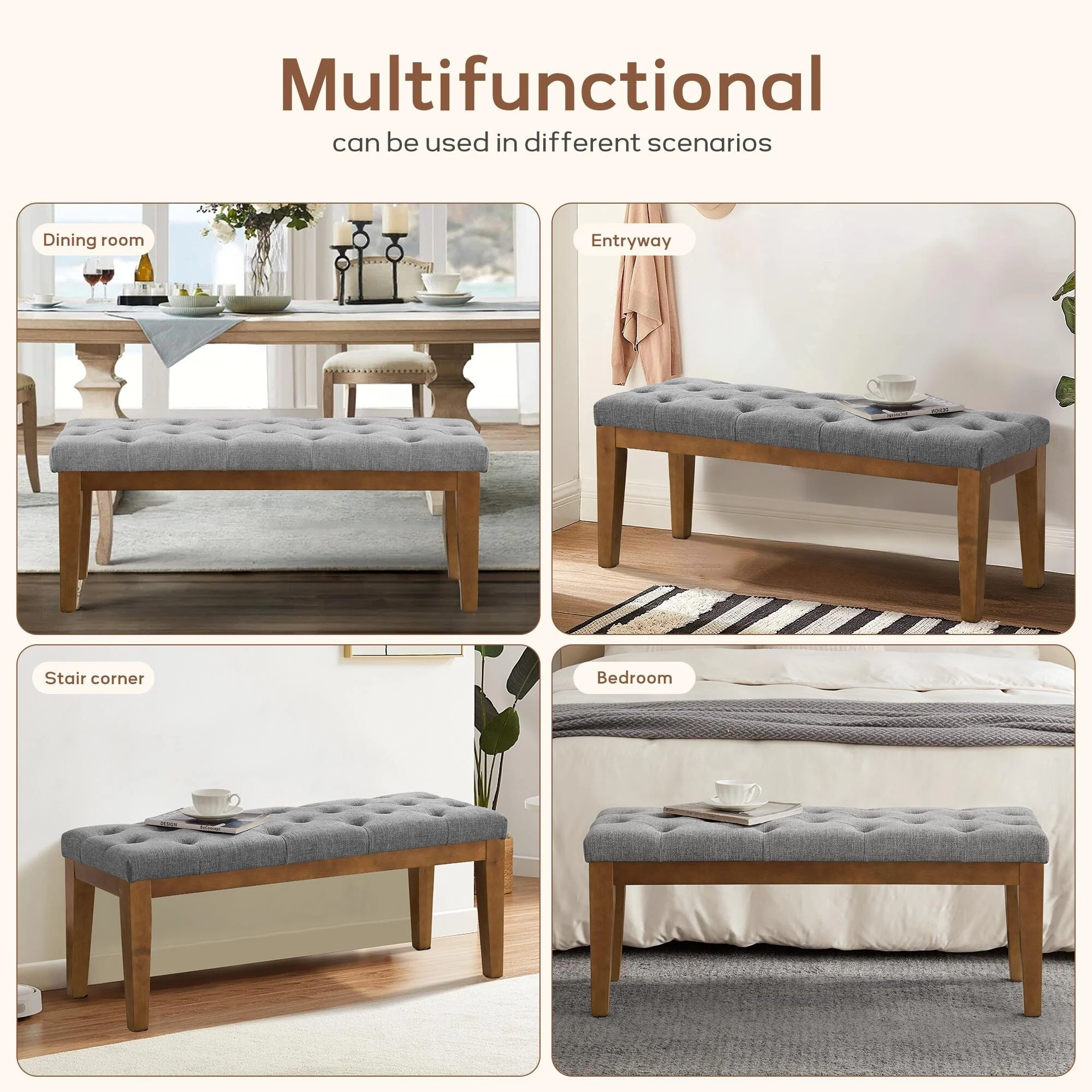 Button-Tufted Bench for End of Bed, Entryway Bench Beige/ Black/ Brown Solid Wood, Leather, Fabric 44-inch