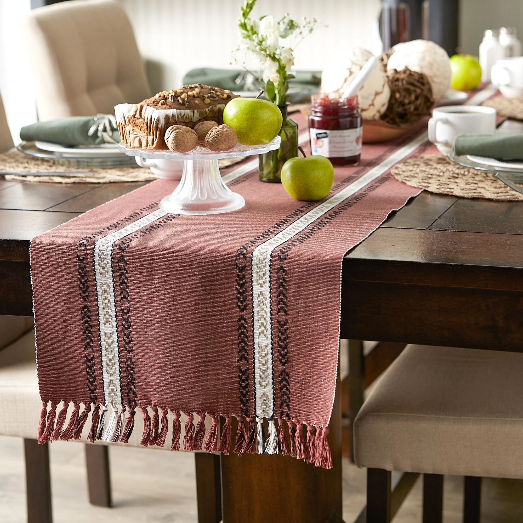Clay Dobby Striped Fringe Ribbed 72 Table Runner