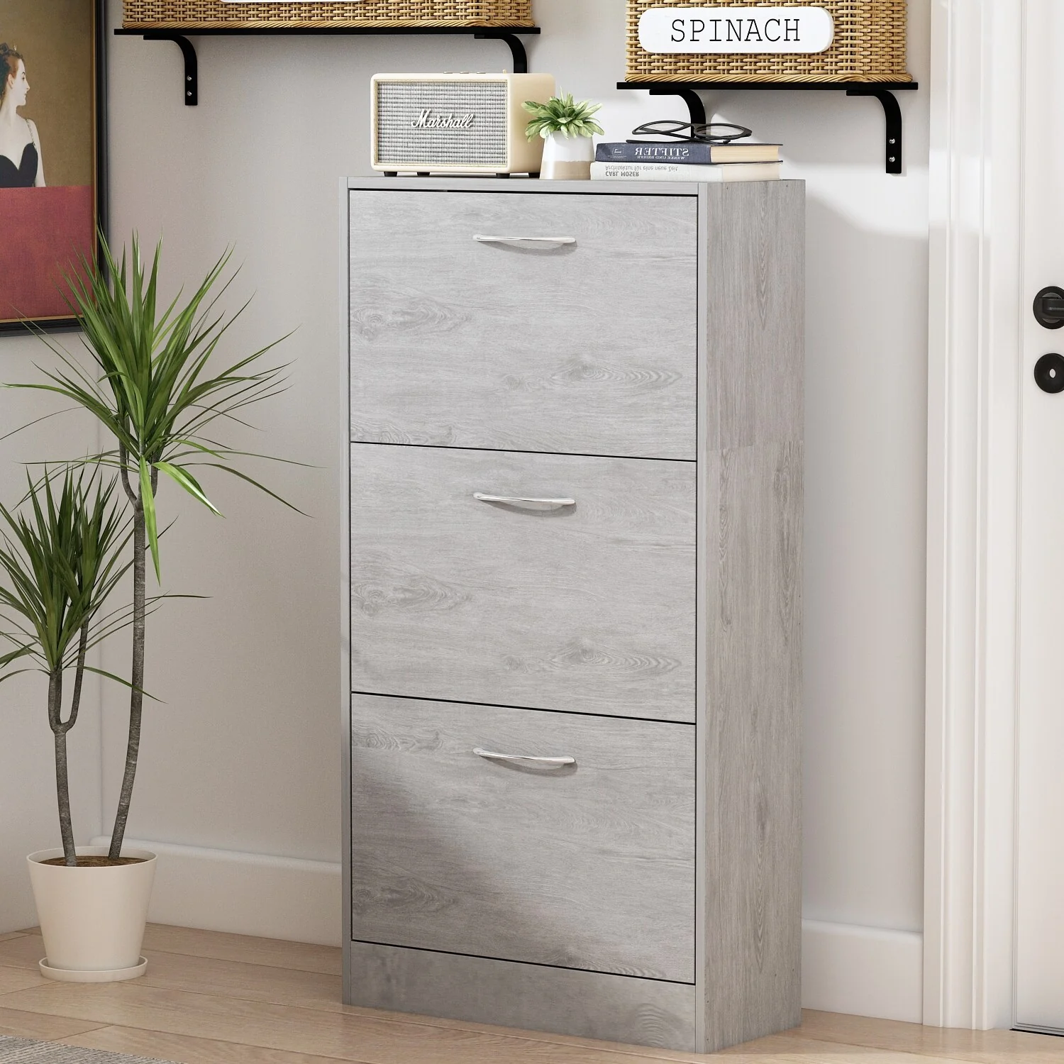 Timechee Grey Entryway Shoe Spcase Saving Cabinet with 3 Drawers