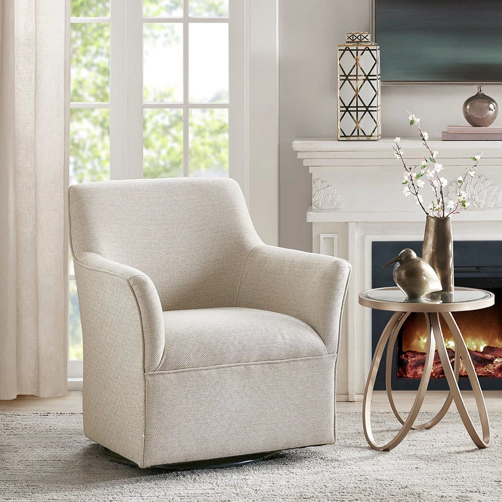 Upholstered Swivel Glider Chair with Flared Arms and Metal Base