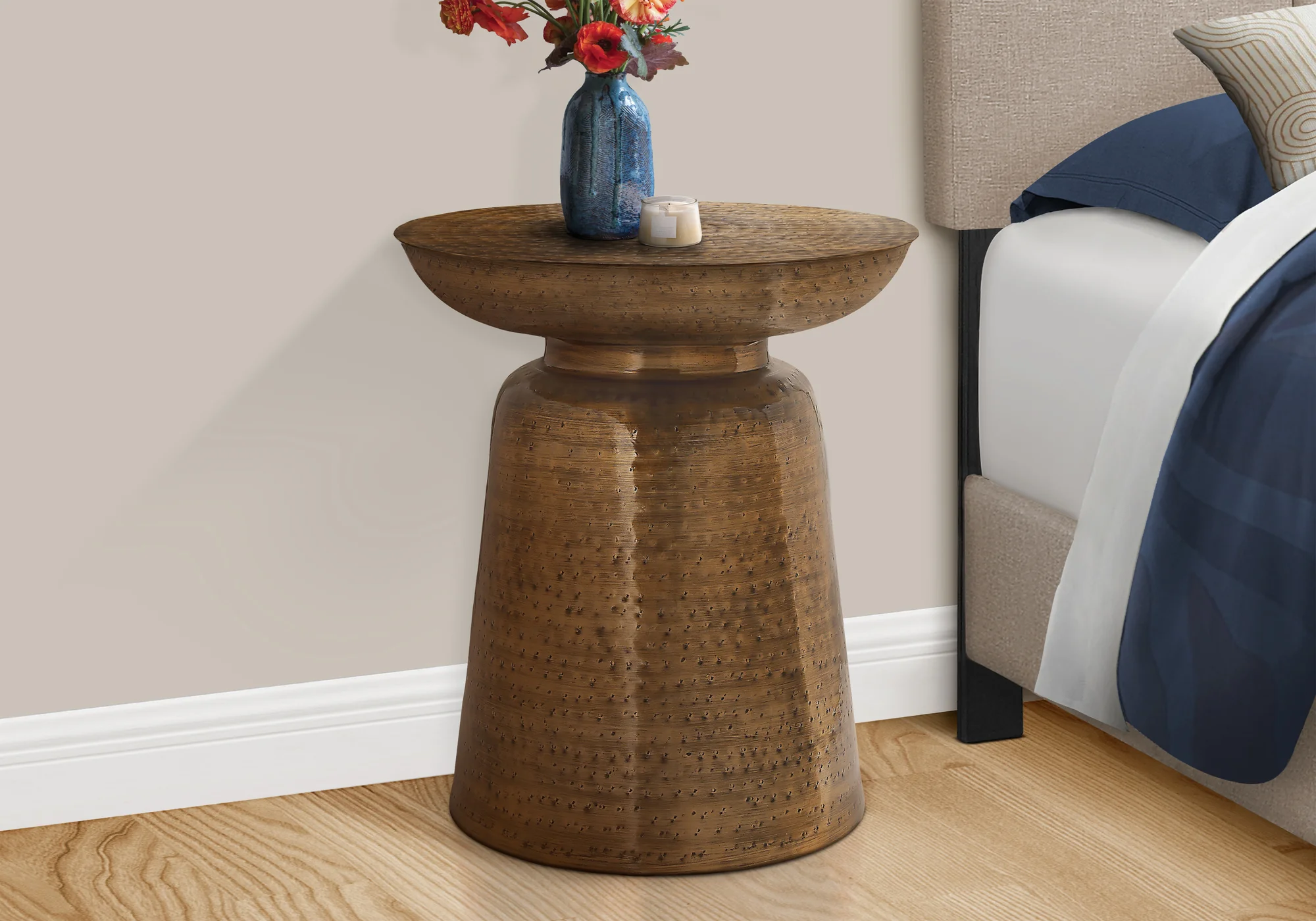 Arcanite End Table with Bell Shaped Base and Hammered Texture