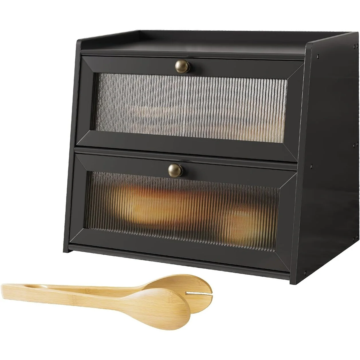 Double Layer Bamboo Bread Box for Kitchen Counter, Large Capacity Bread Storage Bin with Window Bread Holder.