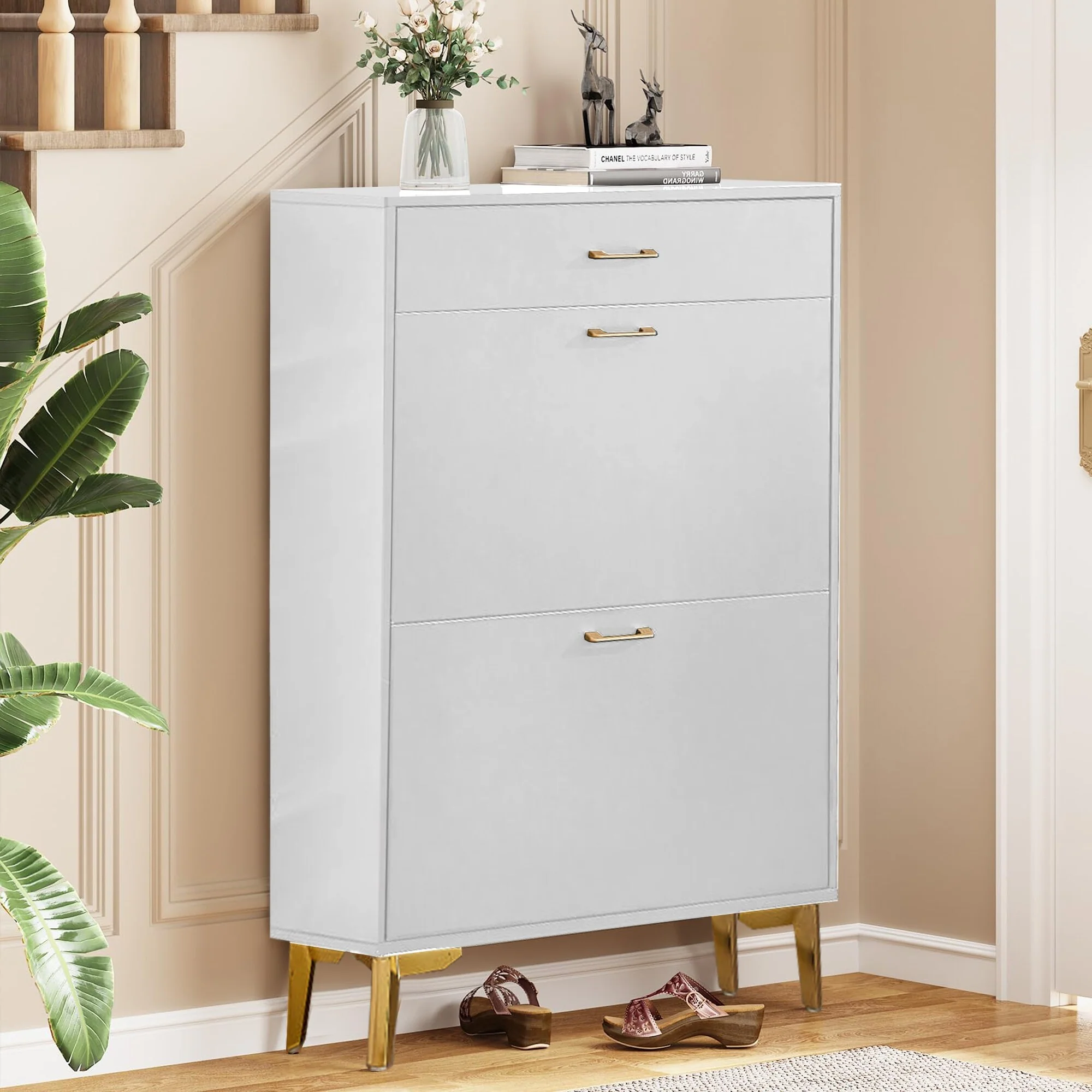 Freestanding Shoe Cabinet for Entryway, with 2 Flip Doors and Drawer - 32'W x 10''D x 43''H
