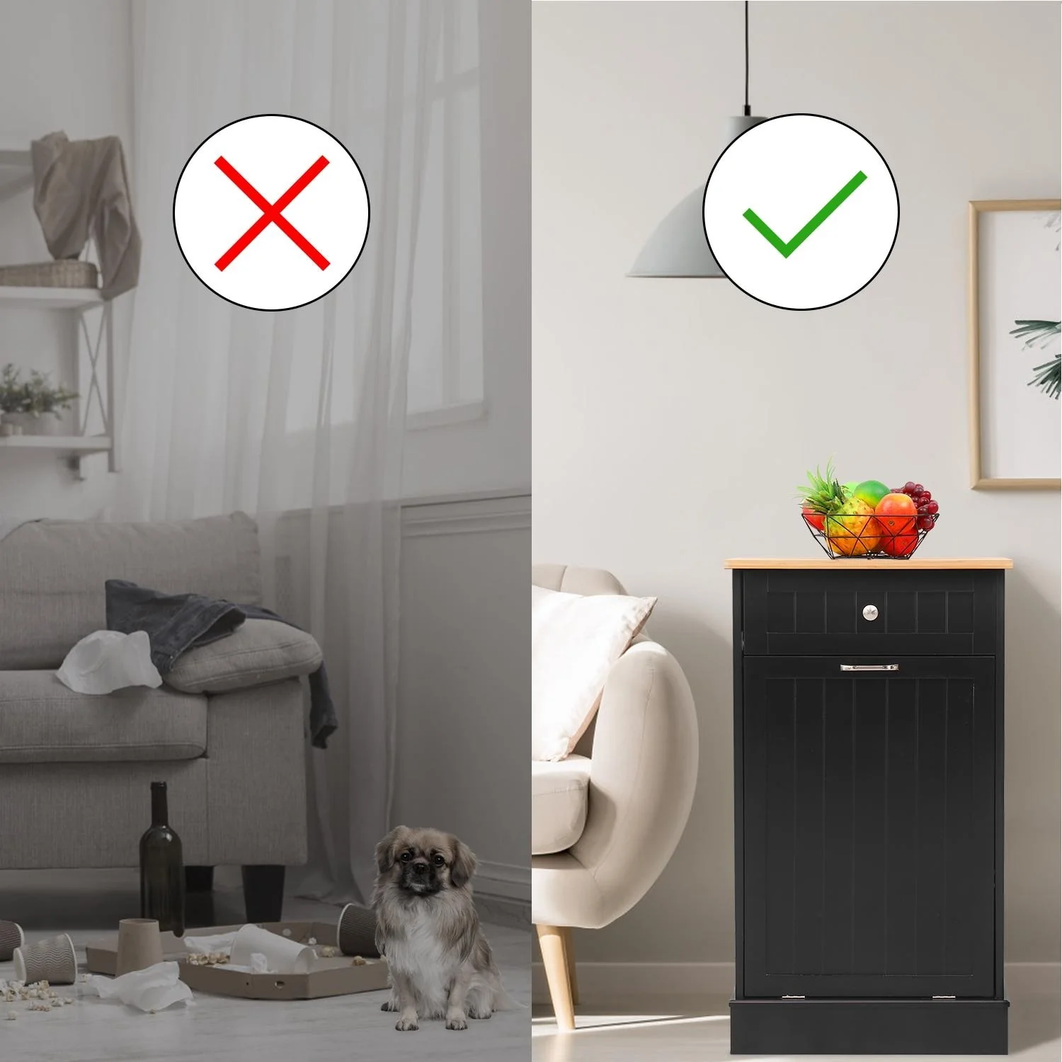 Erommy Tilt Out Trash Cabinet, Wooden Kitchen Trash Can Free Standing Waste Bin, Recycling Hideaway Garbage Can Holder