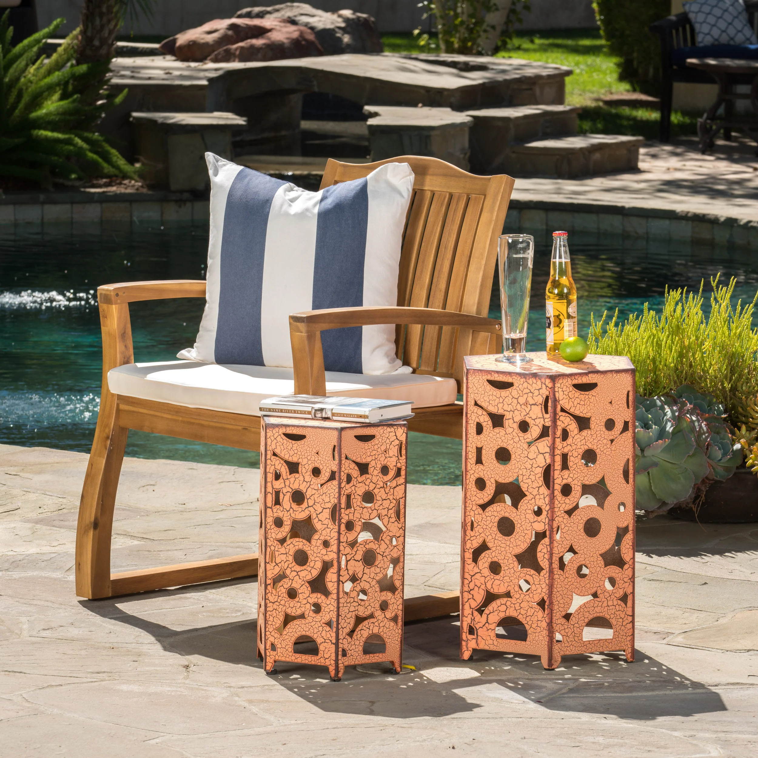 Wistfulness Outdoor Accent Table with Crackle Pattern and Iron Frame, Set of 2