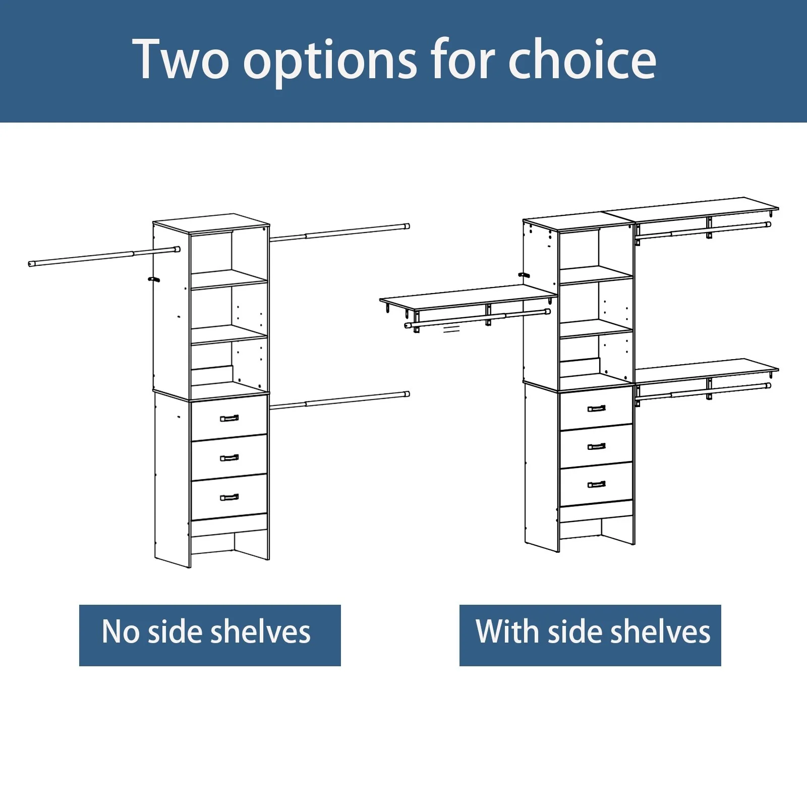 20.2'' - 96'' W Closet Organizer with Drawers, Closet System with Hanging Rods and Adjustable Shelves