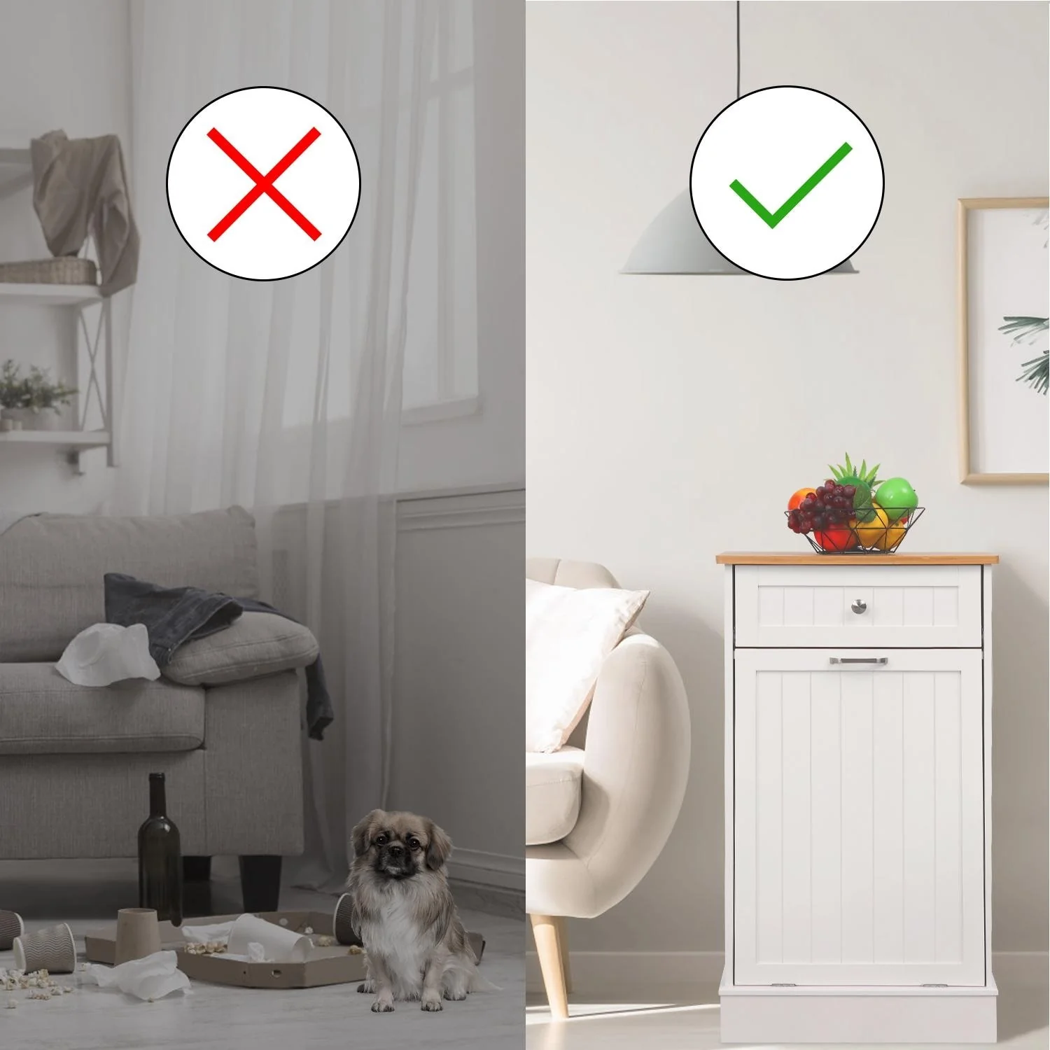 Erommy Tilt Out Trash Cabinet, Wooden Kitchen Trash Can Free Standing Waste Bin, Recycling Hideaway Garbage Can Holder
