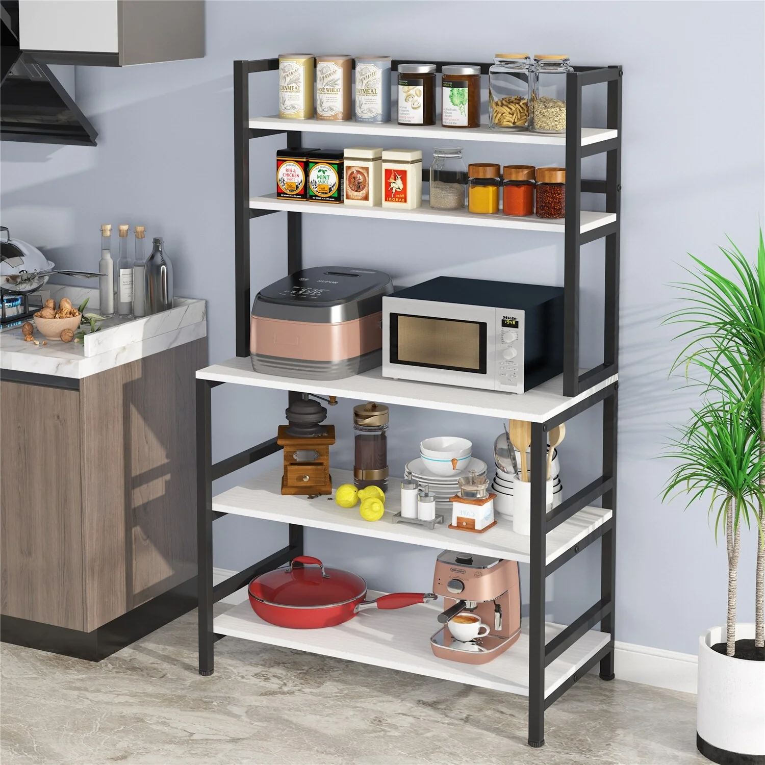Brown/ Black 5-Tier Industrial Kitchen Bakers Rack Microwave Stand with Hutch,White Modern Kitchen Utility Storage Shelf