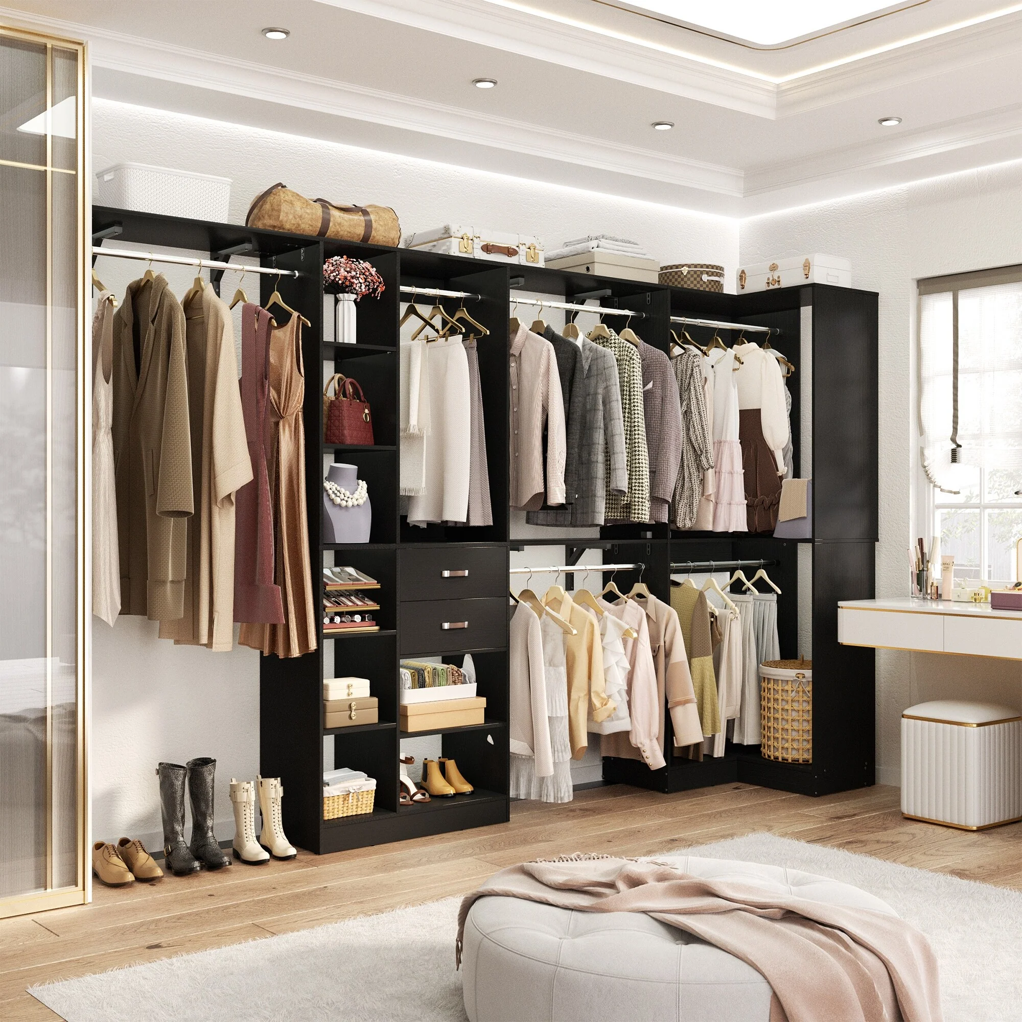 31.5'' to 96'' W Closet Organizer System with Drawers and Tower Shelves for Reach-in and Walk-in Closet