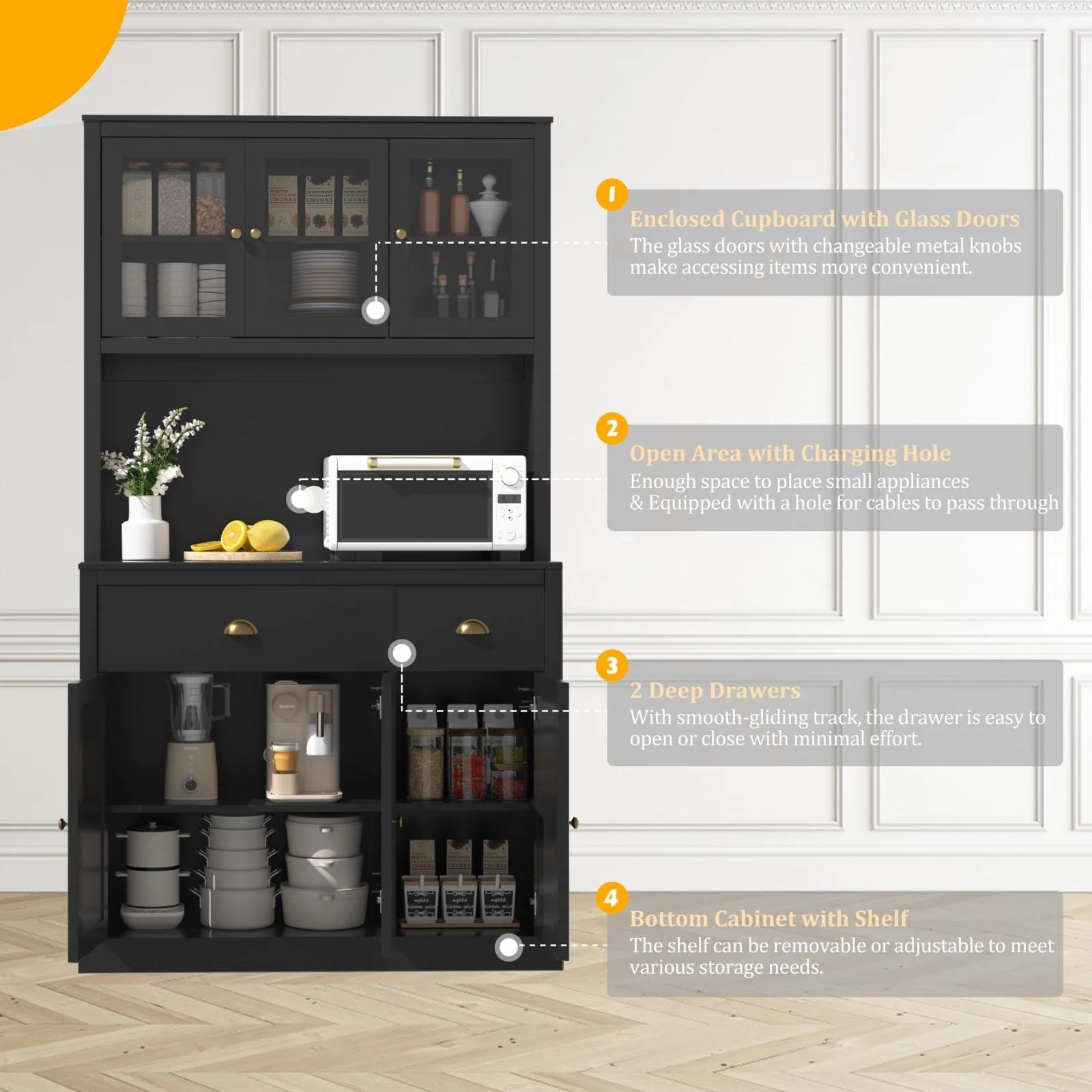VEIKOUS Kitchen Pantry Storage Cabinet Cupboard with Framed Glass Door and Drawer