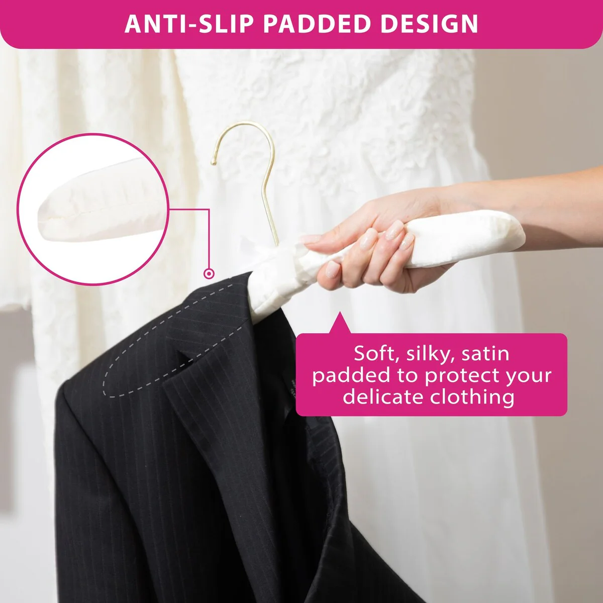 Premium Heavy Duty Thick Satin Padded Hangers Anti Slip - Ivory, Set of 12