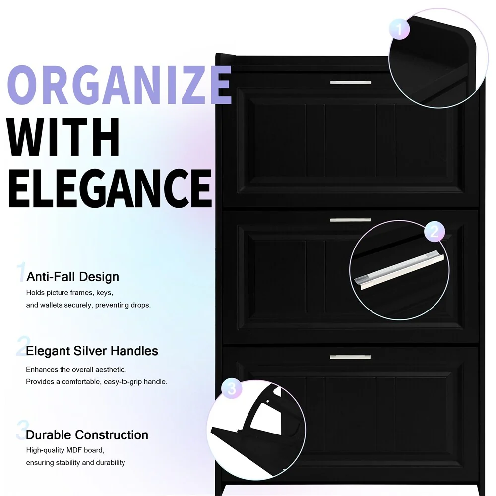 Free Standing Wood Shoe Storage Cabinet with 3 Flip Drawers