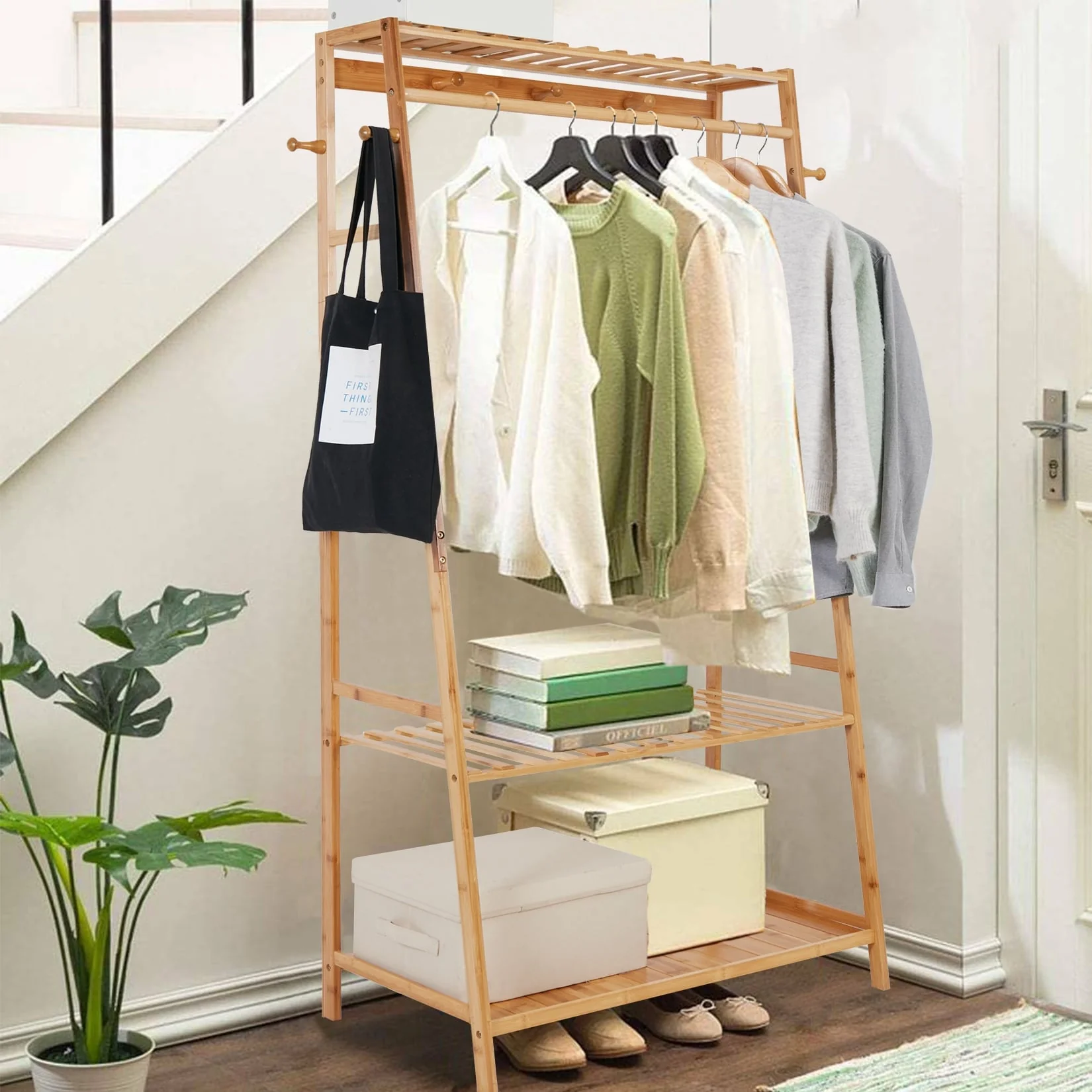 Bamboo Garment Coat Clothes Hanging Heavy Duty Rack with Top Shelf - 31 in. x 65 in.x 17 in.