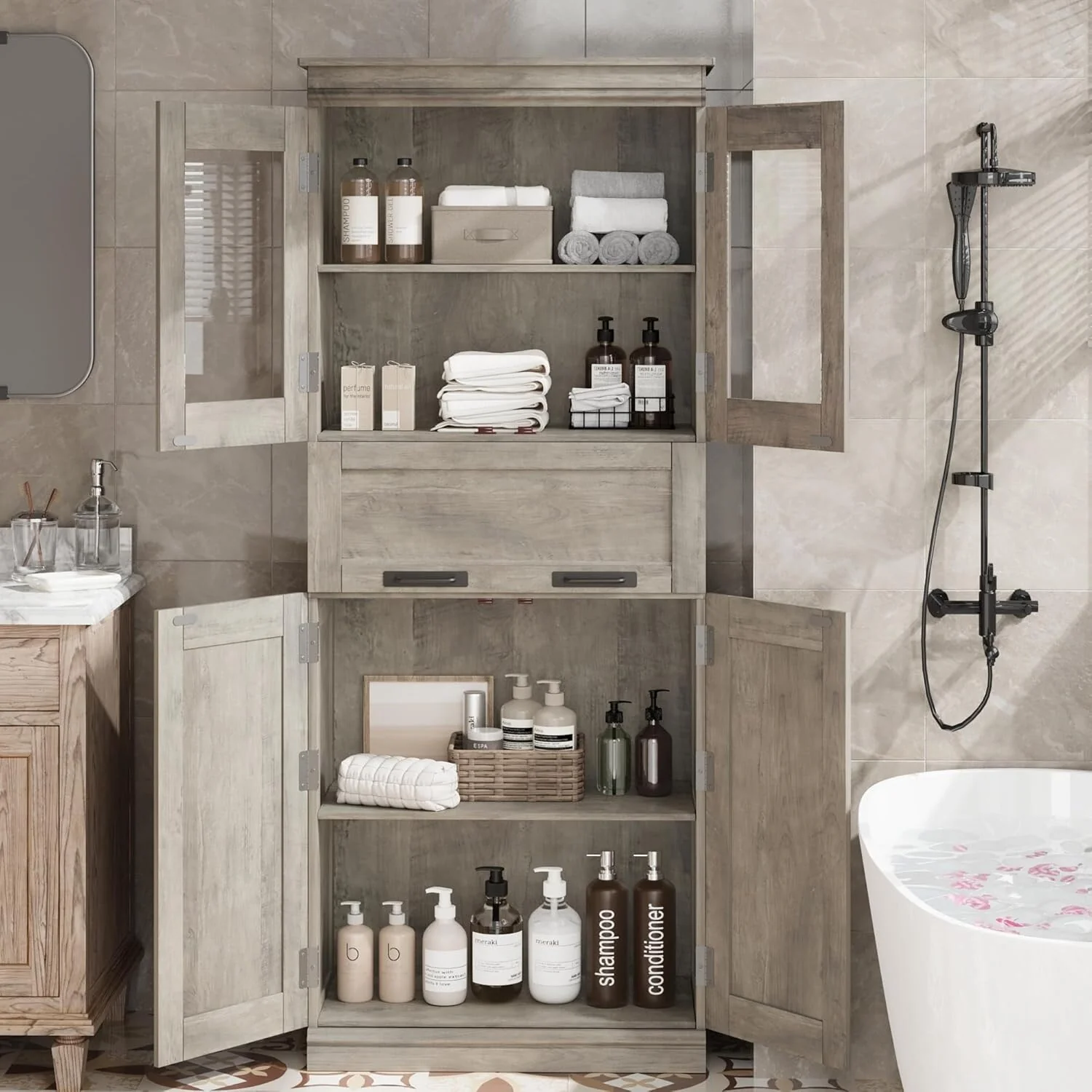 Tall Bathroom Cabinet, Freestanding Storage Cabinet with Glass Doors