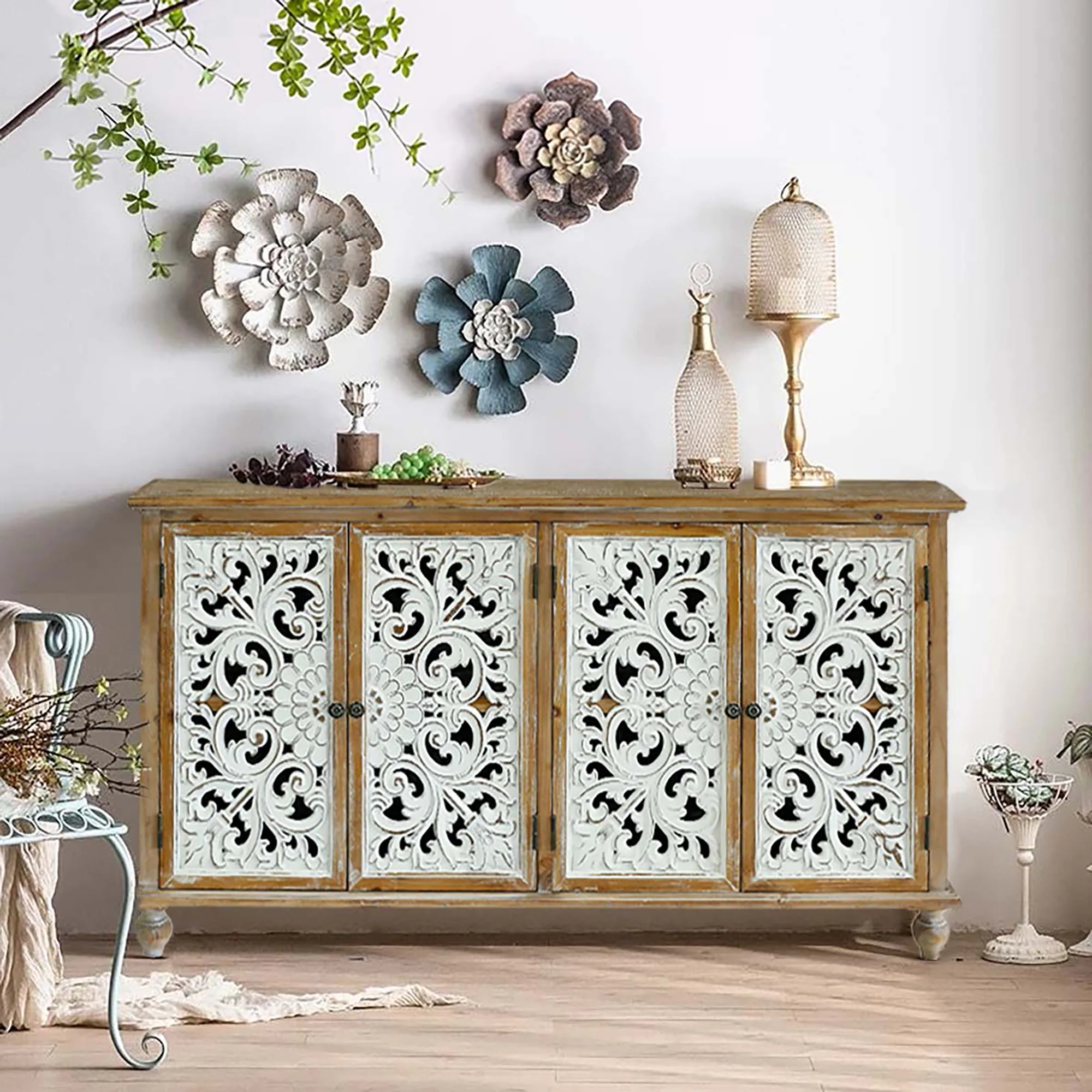 Accent Cabinet with 4 Carved Floral Doors