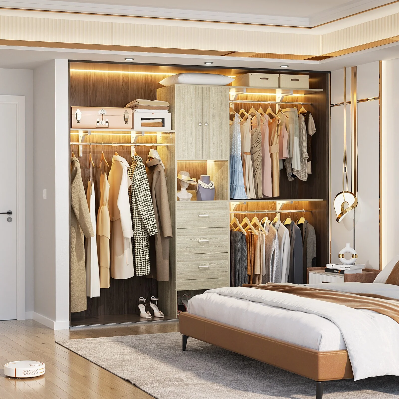20''-96'' Wide Wooden Closet Organizer With Doors, Adjustable Closet System with Drawers and Hanging Rods