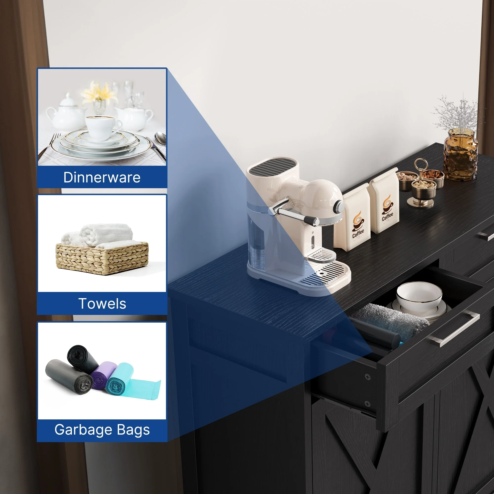 Moasis Kitchen Wooden Double Tilt Out Trash Can Cabinet with 2-Drawer