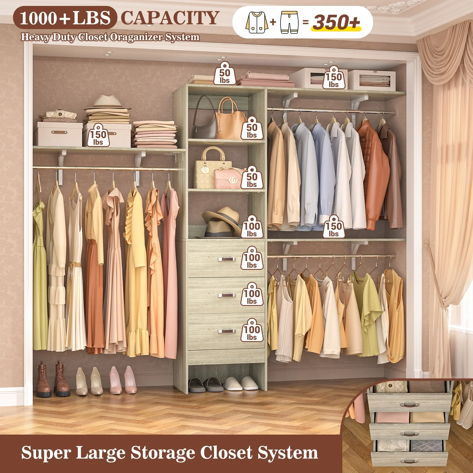 Rackcog 120'' Closet Organizer with Drawers, Closet System with DIY Shelves for Reach-in and Walk-in Closet