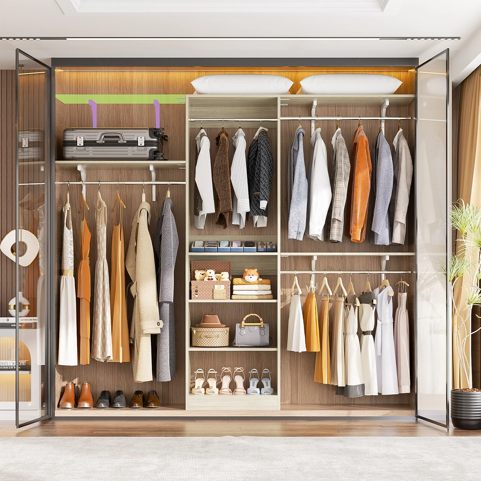 Rackcog 20-96'' W Closet System Starter Kit, Sturdy DIY Closet Organizer with 3 Winged Storage Shelves