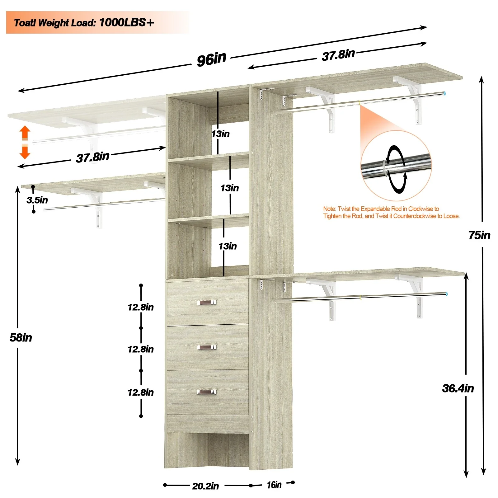 Rackcog 120'' Closet Organizer with Drawers, Closet System with DIY Shelves for Reach-in and Walk-in Closet