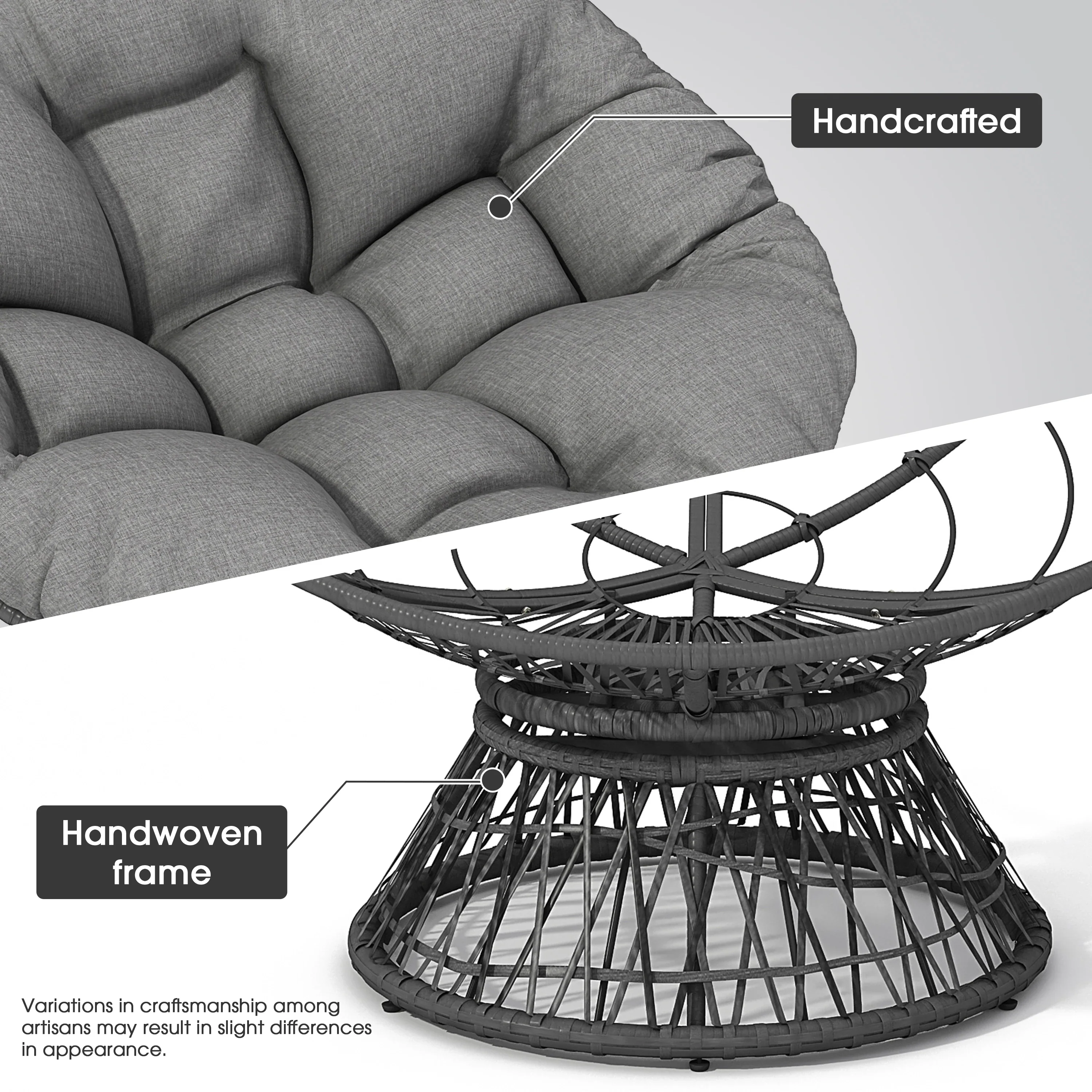 Papasan Wicker Chair with Fabric Cushion and 360 Degree Swivel