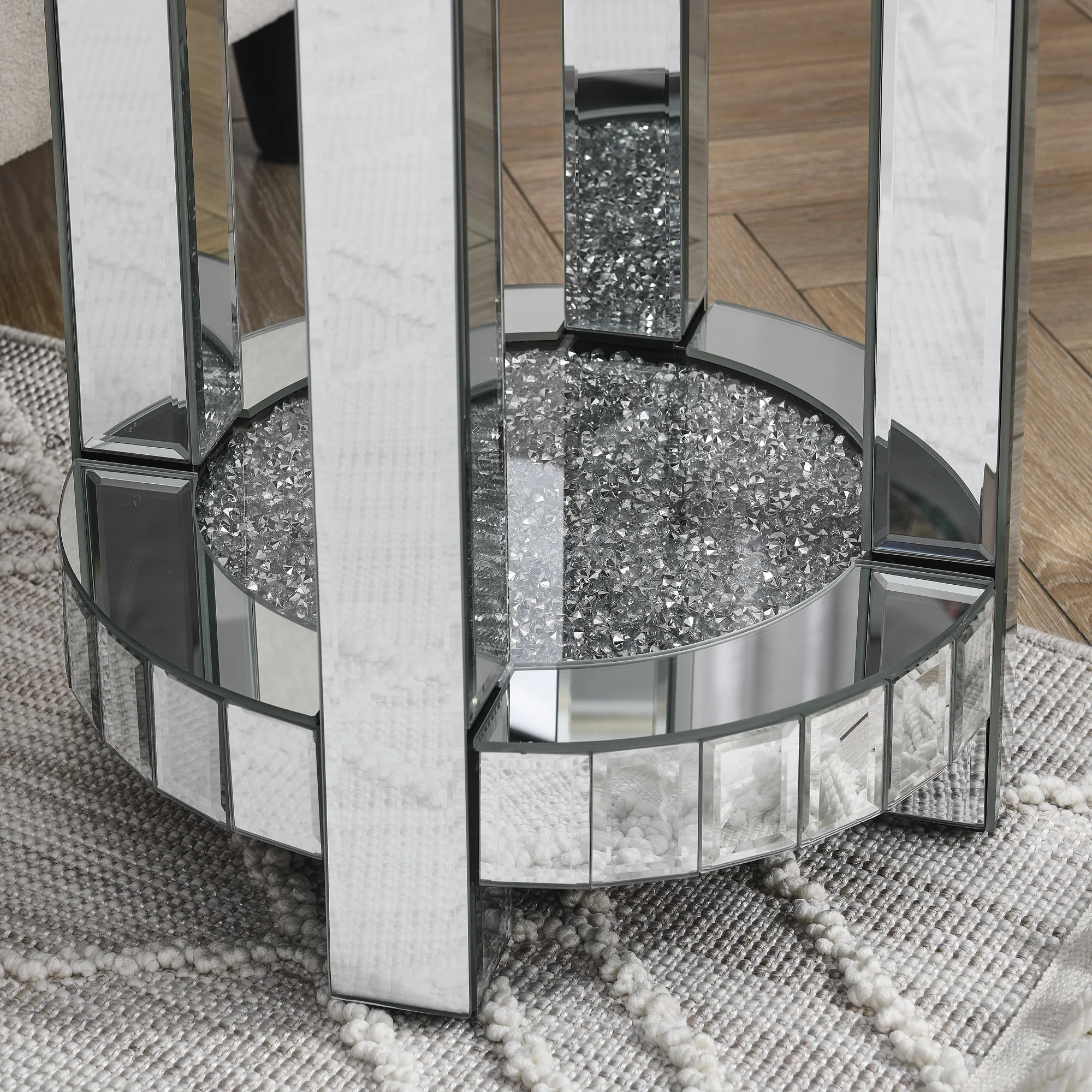 Mirror Round Side Table with Crystal Inlay and Storage Space