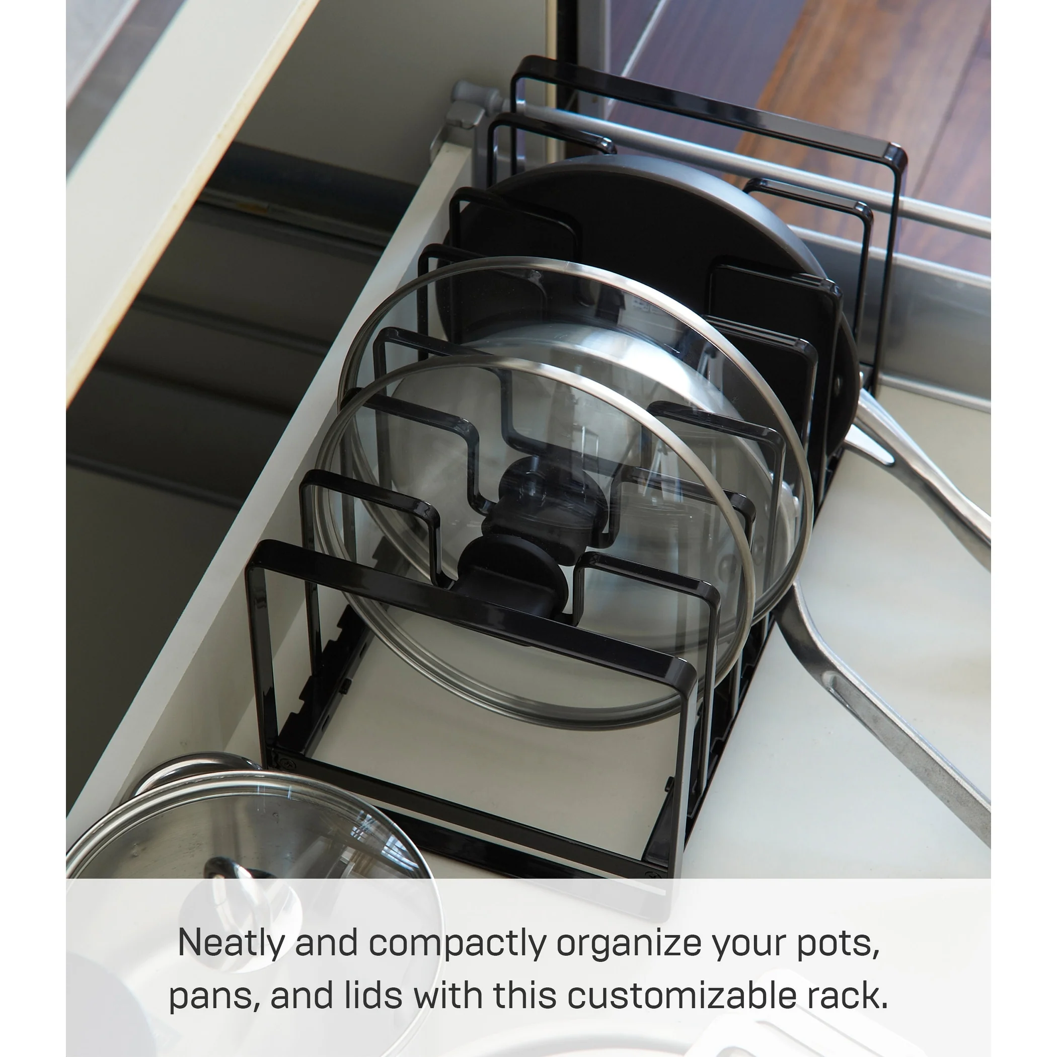 Yamazaki Home Adjustable Pot Lid and Frying Pan Organizer, Steel, Holds 15.4 lbs - L 7.87 x W 13.78 x H 7.09 inches