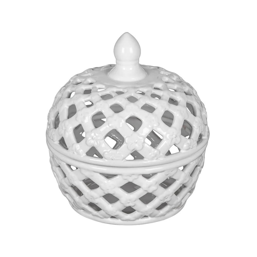 Brackets Ceramic Lidded Jar with Lattice Design and Tiny Flower Pattern