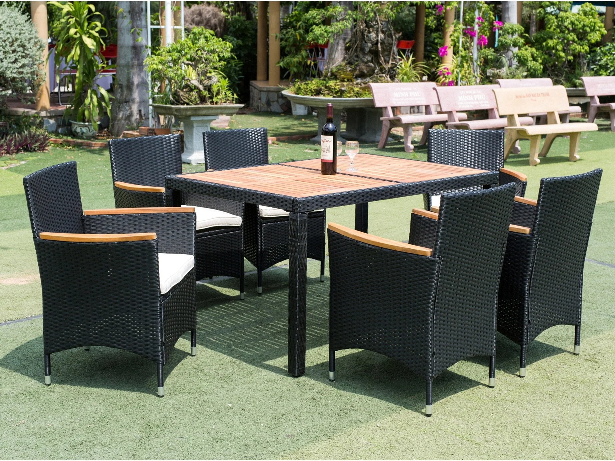 7 Piece Patio Wicker Dining Set with Acacia Wood Top