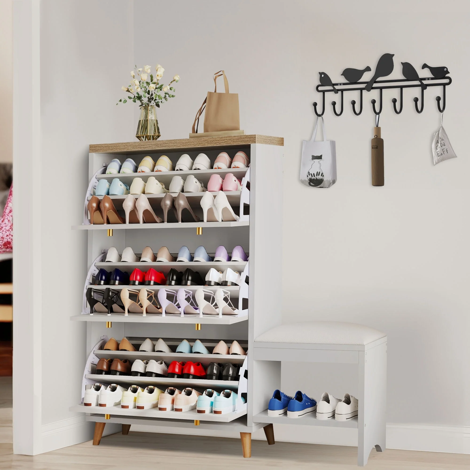 Moasis 36 Pair Shoe Storage Cabinet with 3 Flip Drawers and Shoe Bench