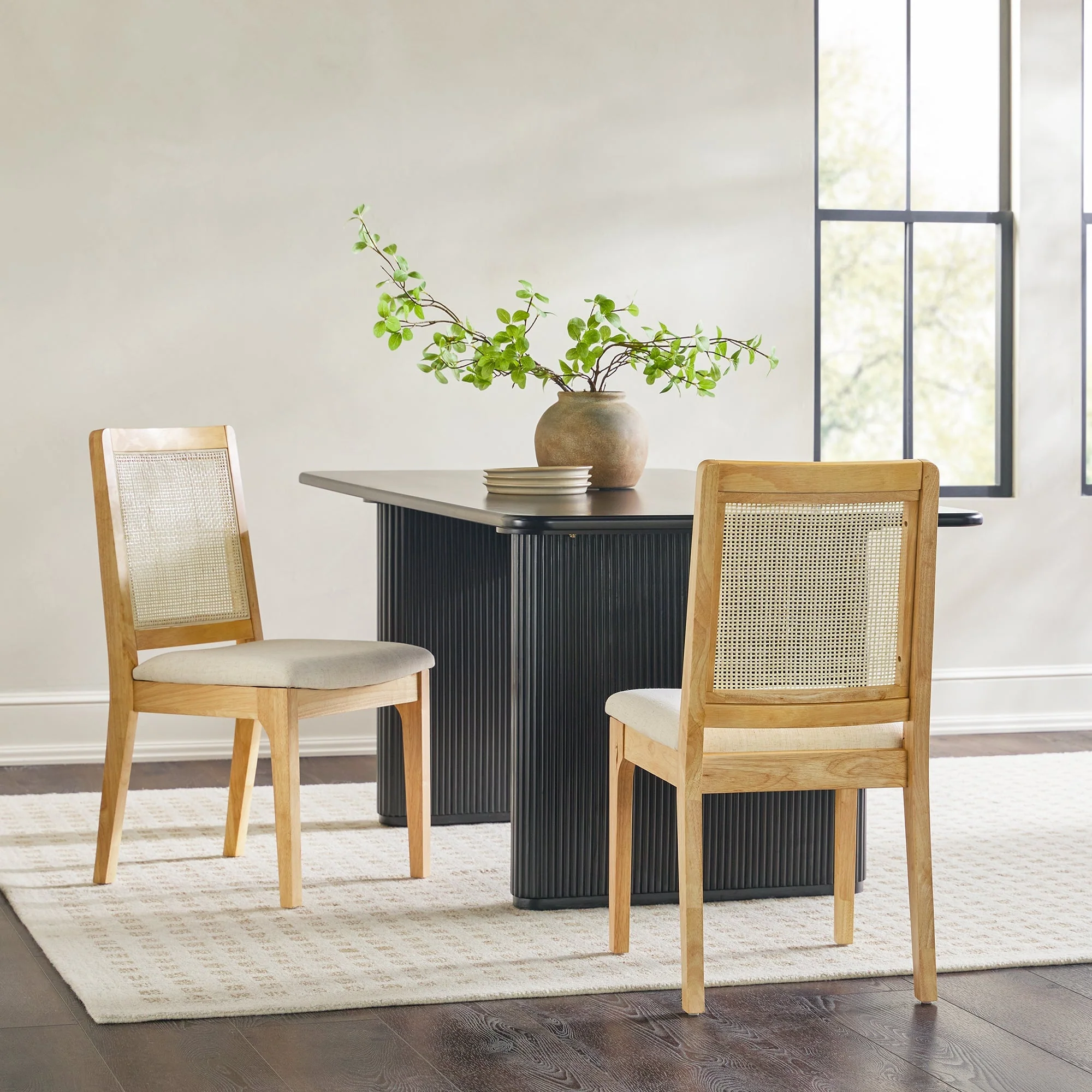 Solid Wood Dining Chair with Rattan Inset Back, Set of 2