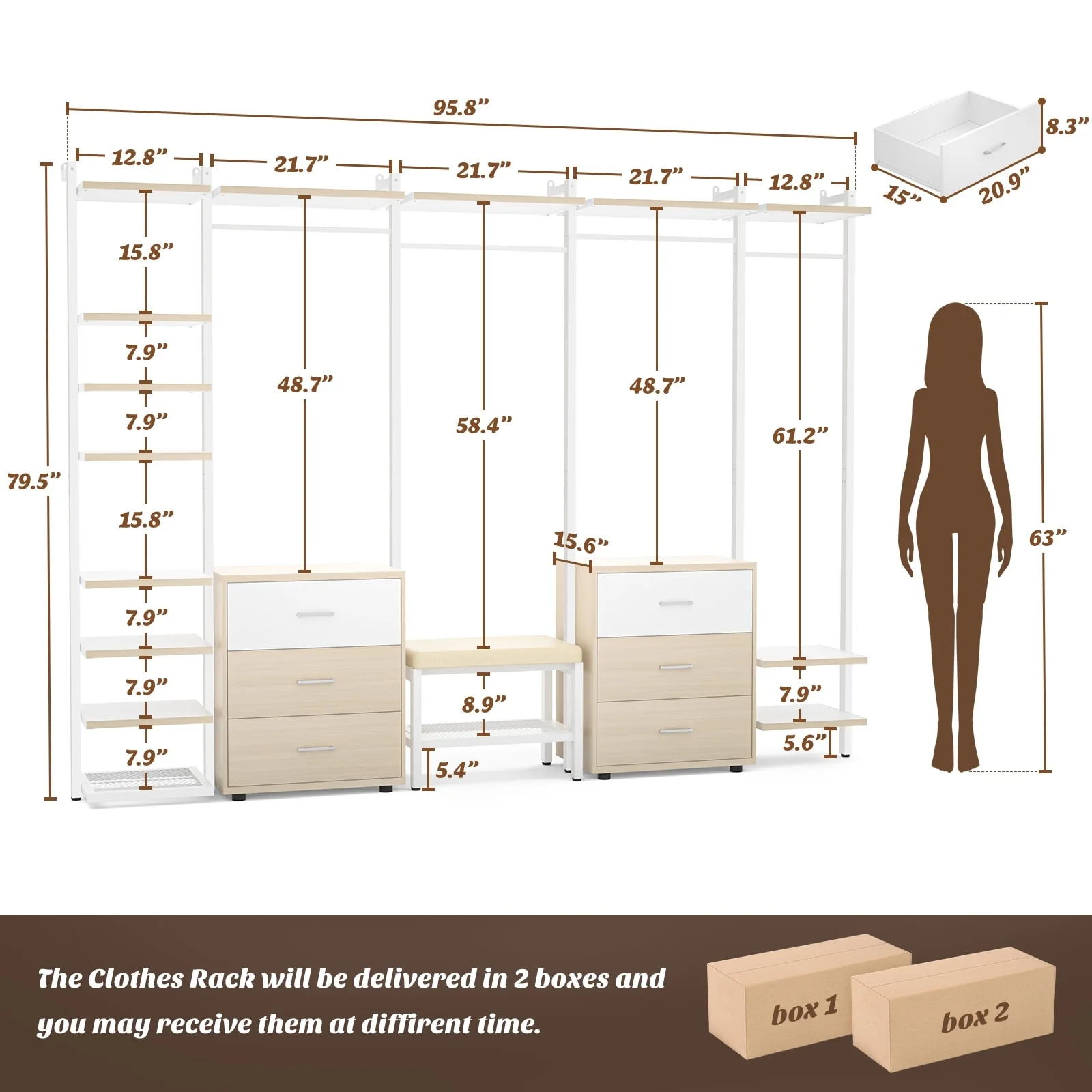 Walk in Closet System with 6 Closet Drawers, 96'' Multifunctional Clothes Rack Closet Organizer