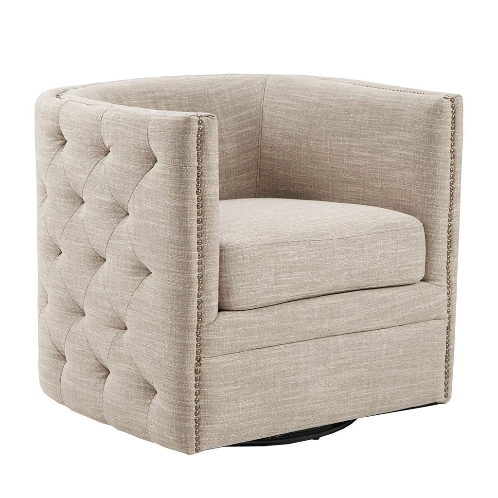 Button Tufted Upholstered Swivel Chair with Low Back and Nailhead Trim