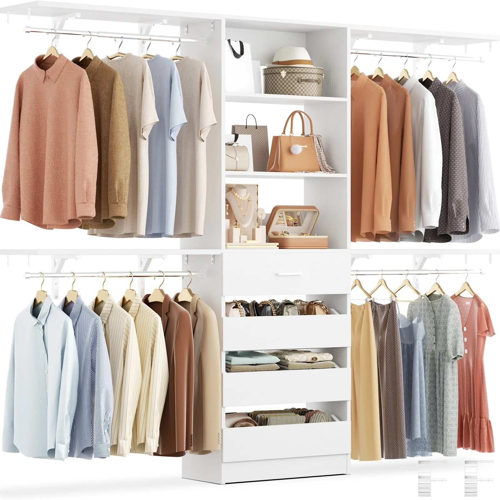 Rackcog 96'' Closet System with 4 Drawers and 4 Hanging Rods, 8FT Wood Closet Organizer for Walk-in Closet